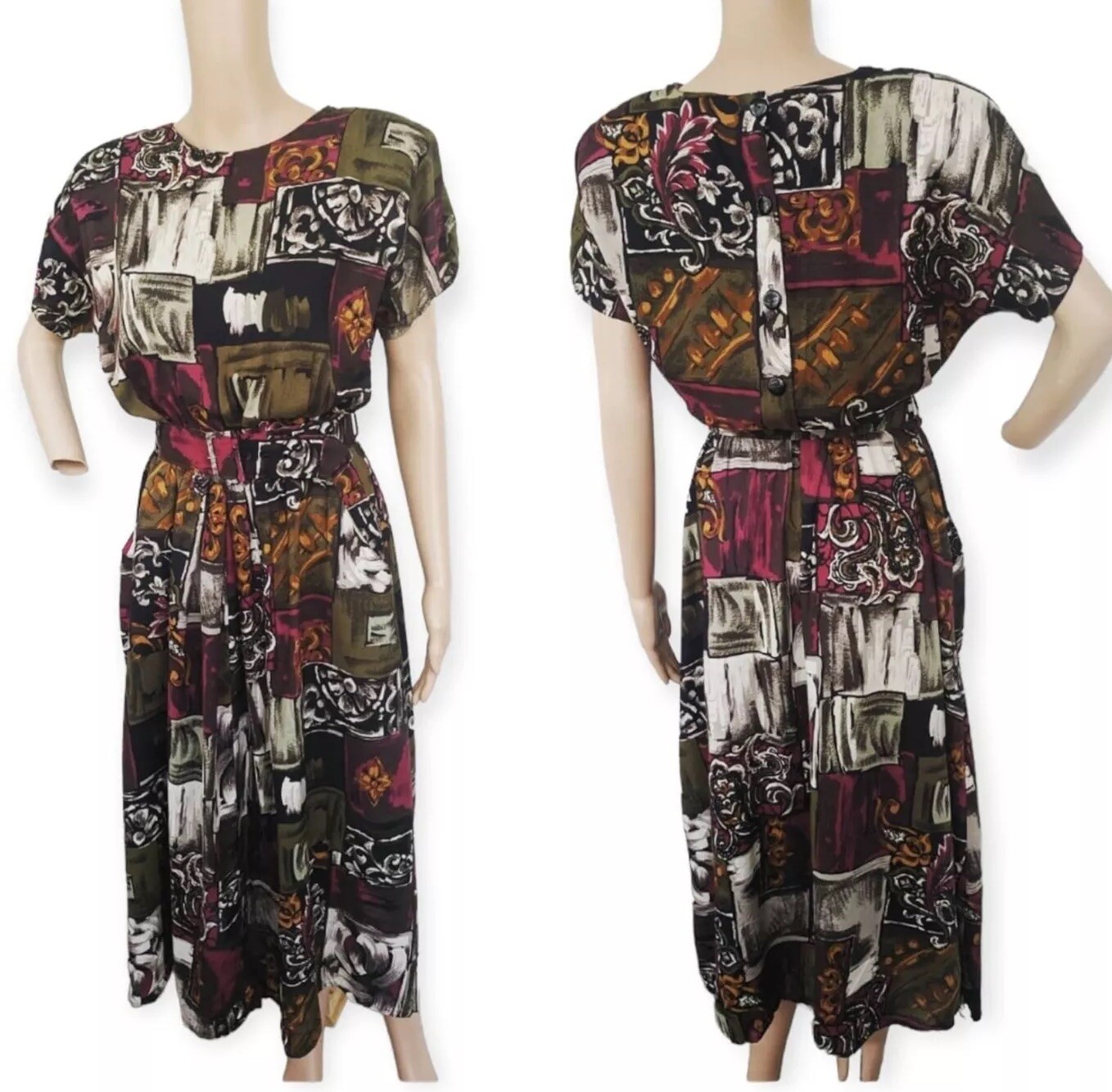 80s Print Dress Button Back Vintage Paquette S