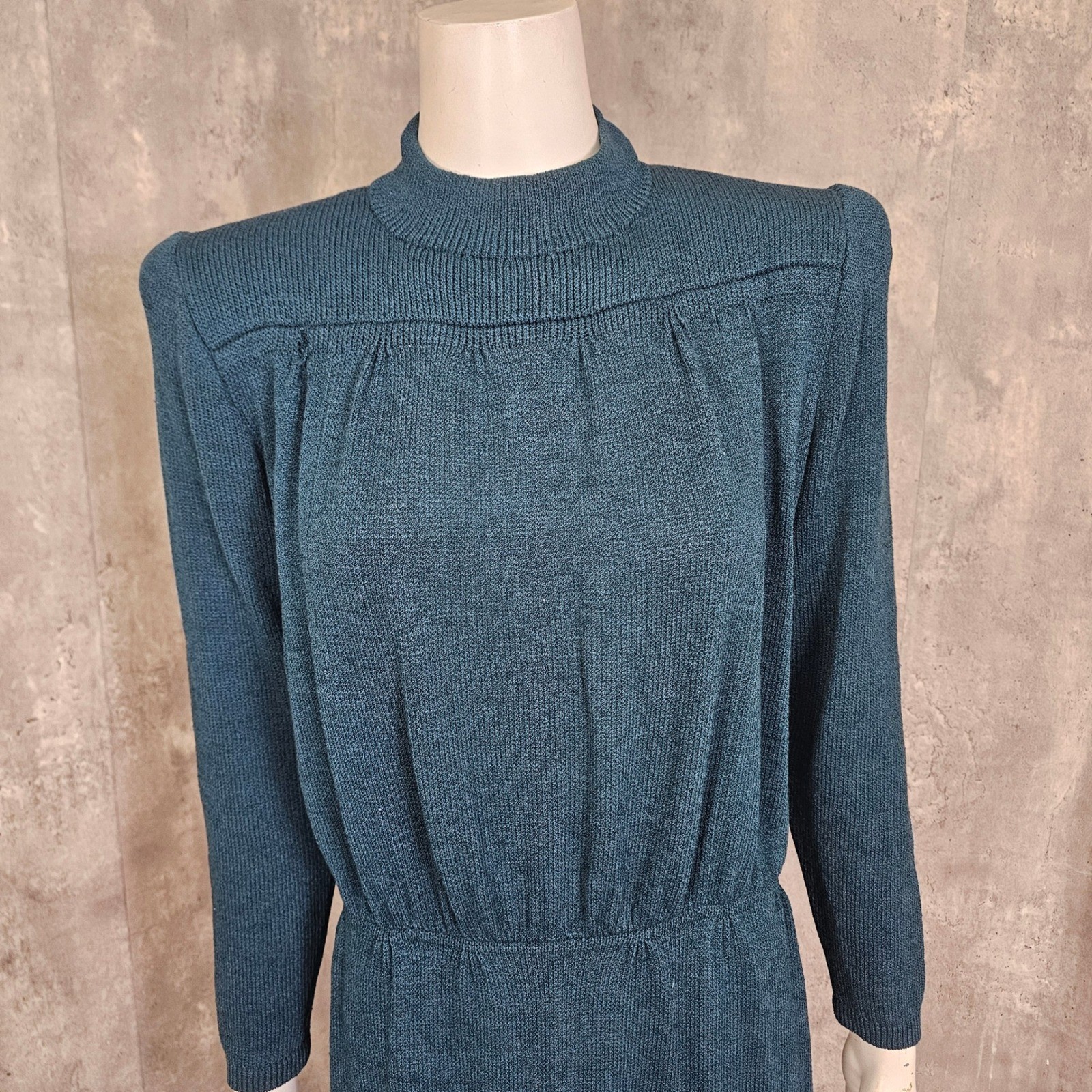 Vintage St John Marie Gray Knit Dress Teal Green Mock Neck 80s 90s FLAWED AS IS