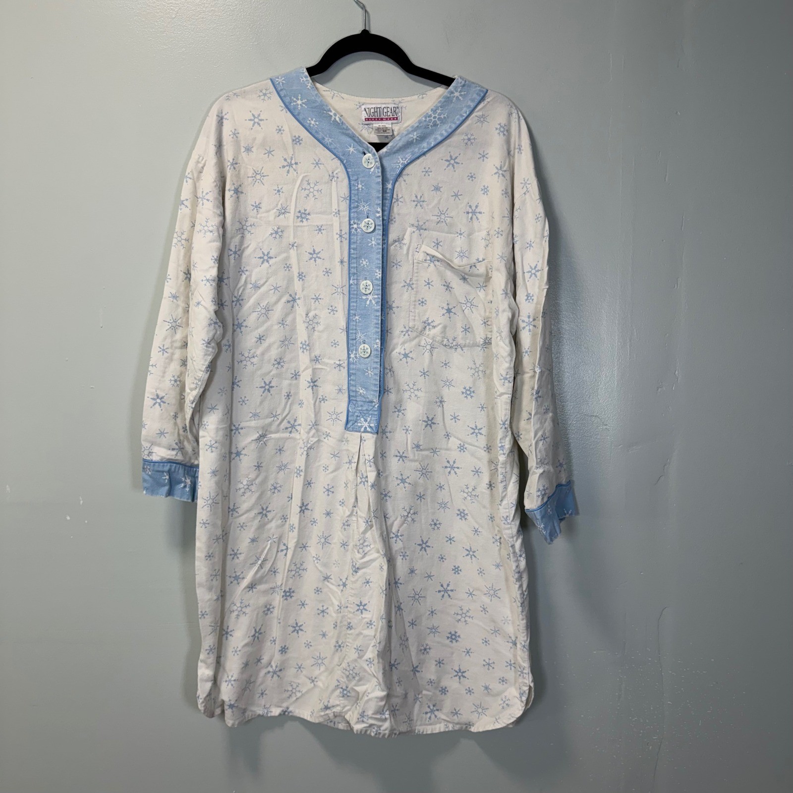Vintage Night Gear Snowflake Nightgown White Blue Cotton Henley Sleep Shirt Med