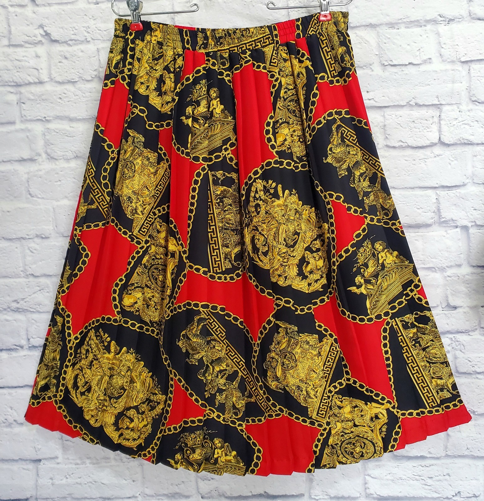 Vintage Baroque Chain Print Midi Skirt Elastic Waist Red Black Gold Size L XL