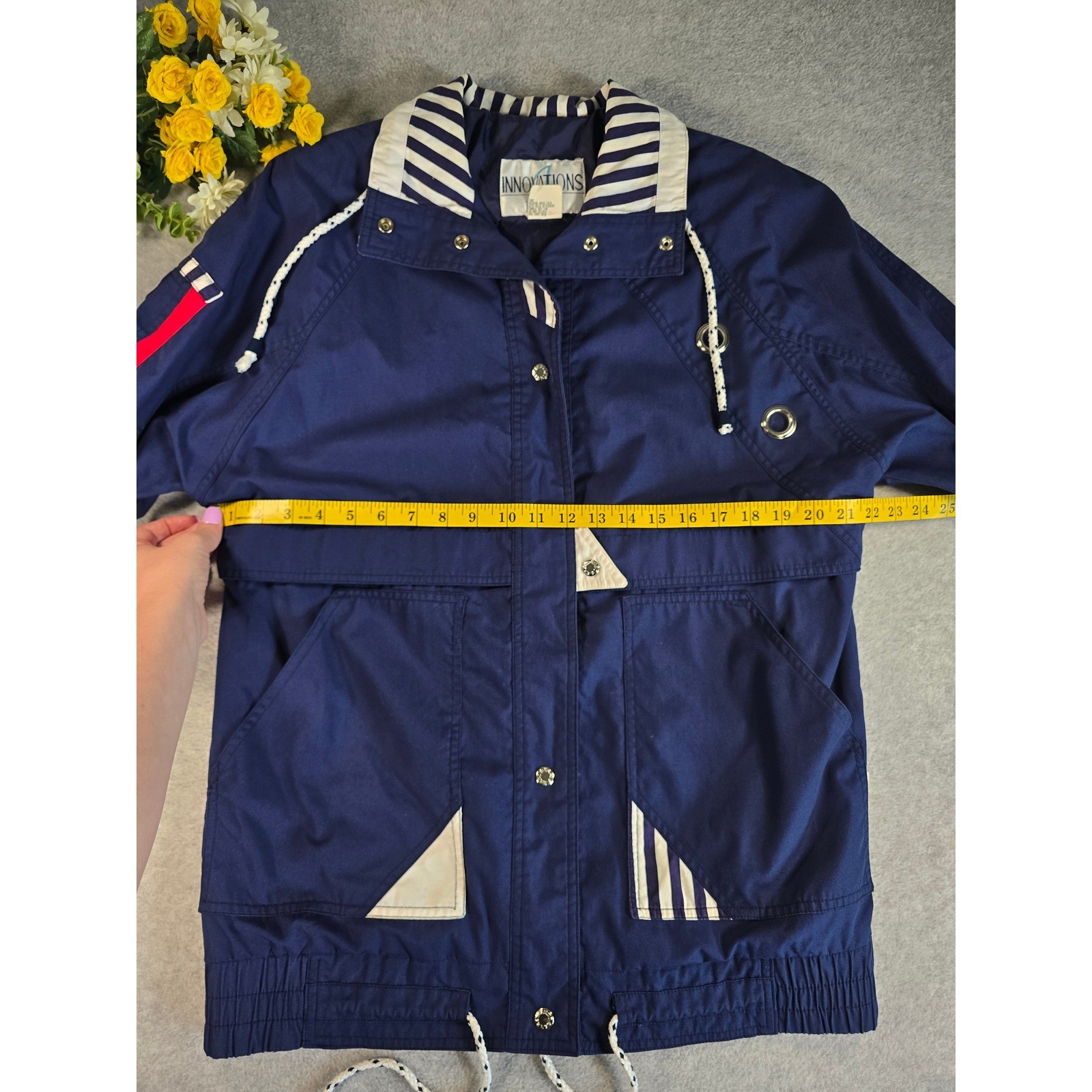 Vintage Innovations by IZZI Navy Blue Nautical Striped Windbreaker Jacket Small