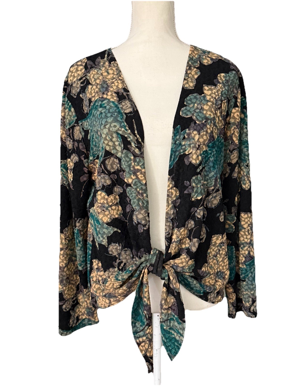 Vintage Mirasol Lightweight Jacket Sz XL Black & Turquoise Print Tie Hem