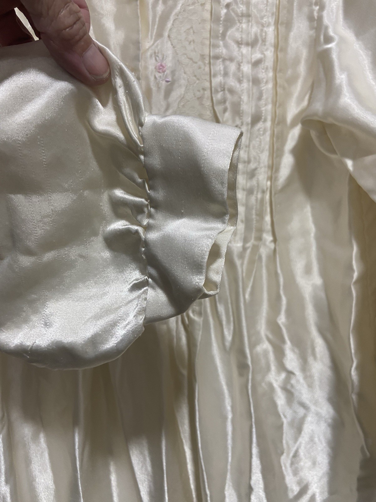 VTG Barbizon M Nightgown Ivory Long Silky Satin Lace Flannel Lined Embroidered