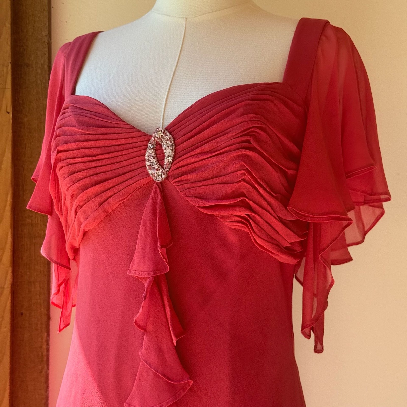 Vintage 100% Silk Dress Red Pink Beaded Flutter Sleeve Adrianna Papell