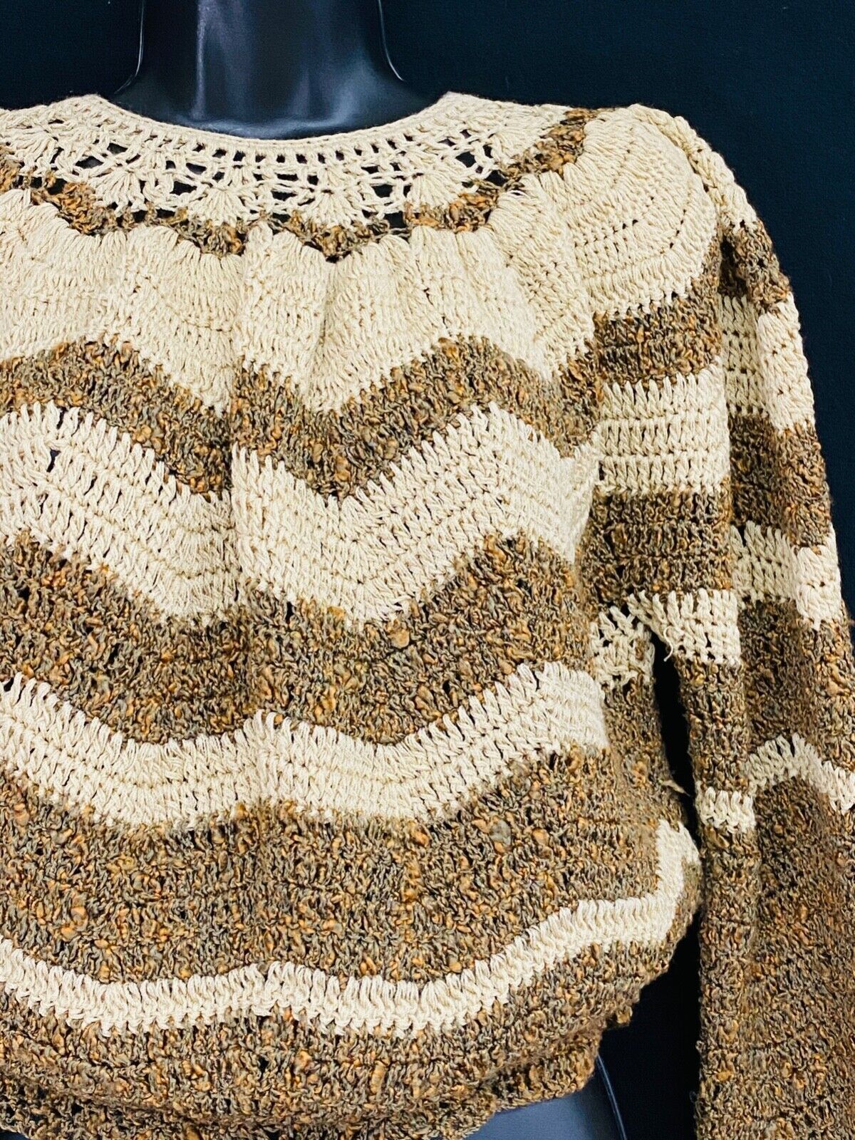 Vintage 1970s brown tan striped sweater, chevron crop Victorian oversized lace