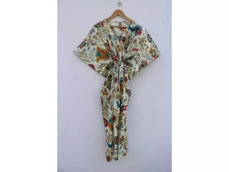 Flower Hand Block Print Sleepwear Maxi Dress Kimono Rabe Women Dress Long Caftan