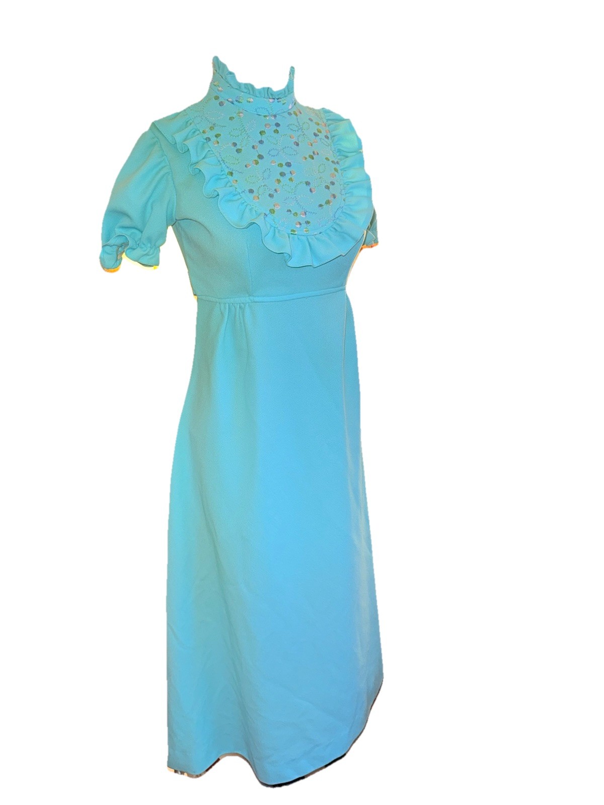 VTG 70s Light Blue Maxi Dress Lace Bib High Neck Prairie Boho 28” Waist 48” Long