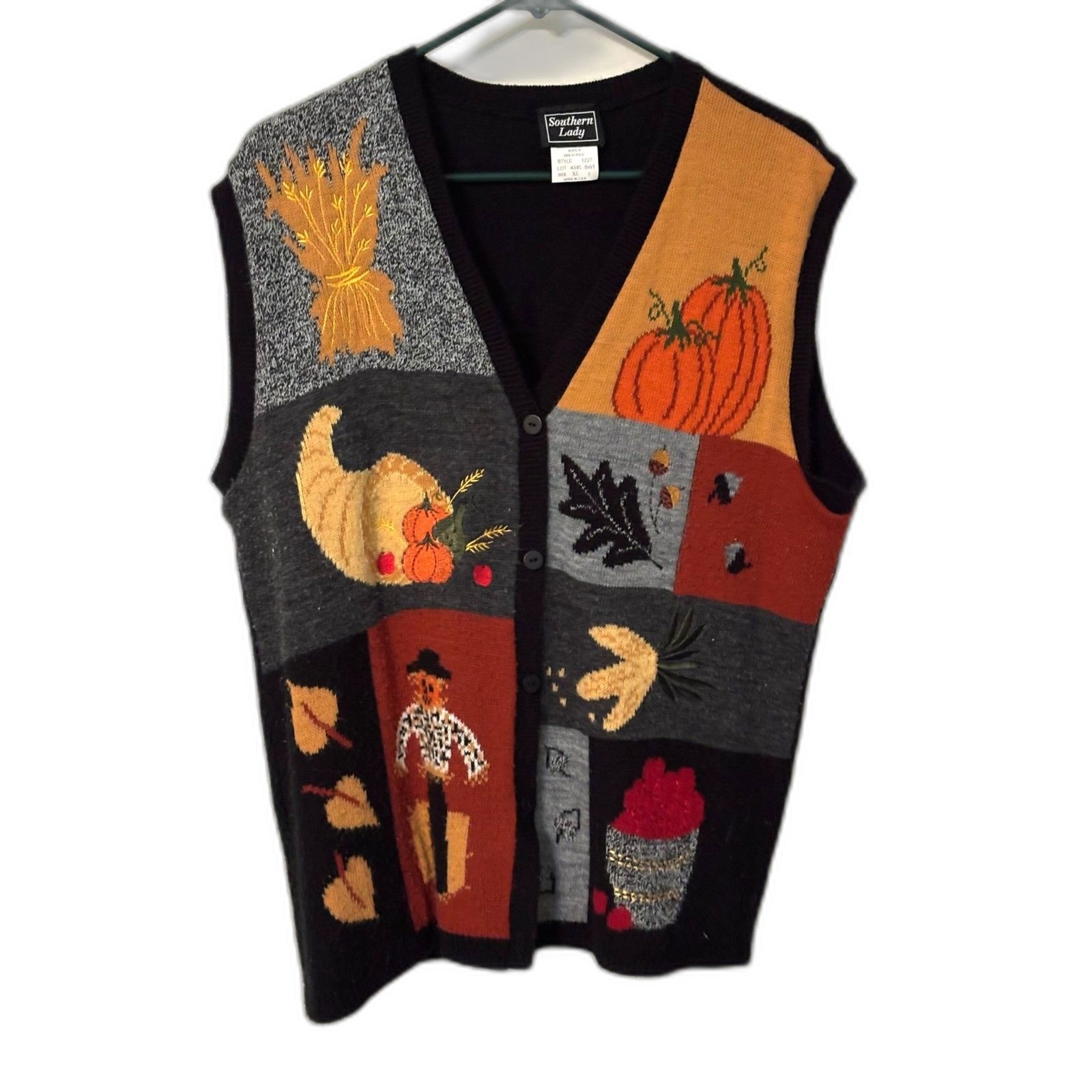 Vintage Southern Lady Thanksgiving Sweater Vest XL Pumpkin Scarecrow Fall