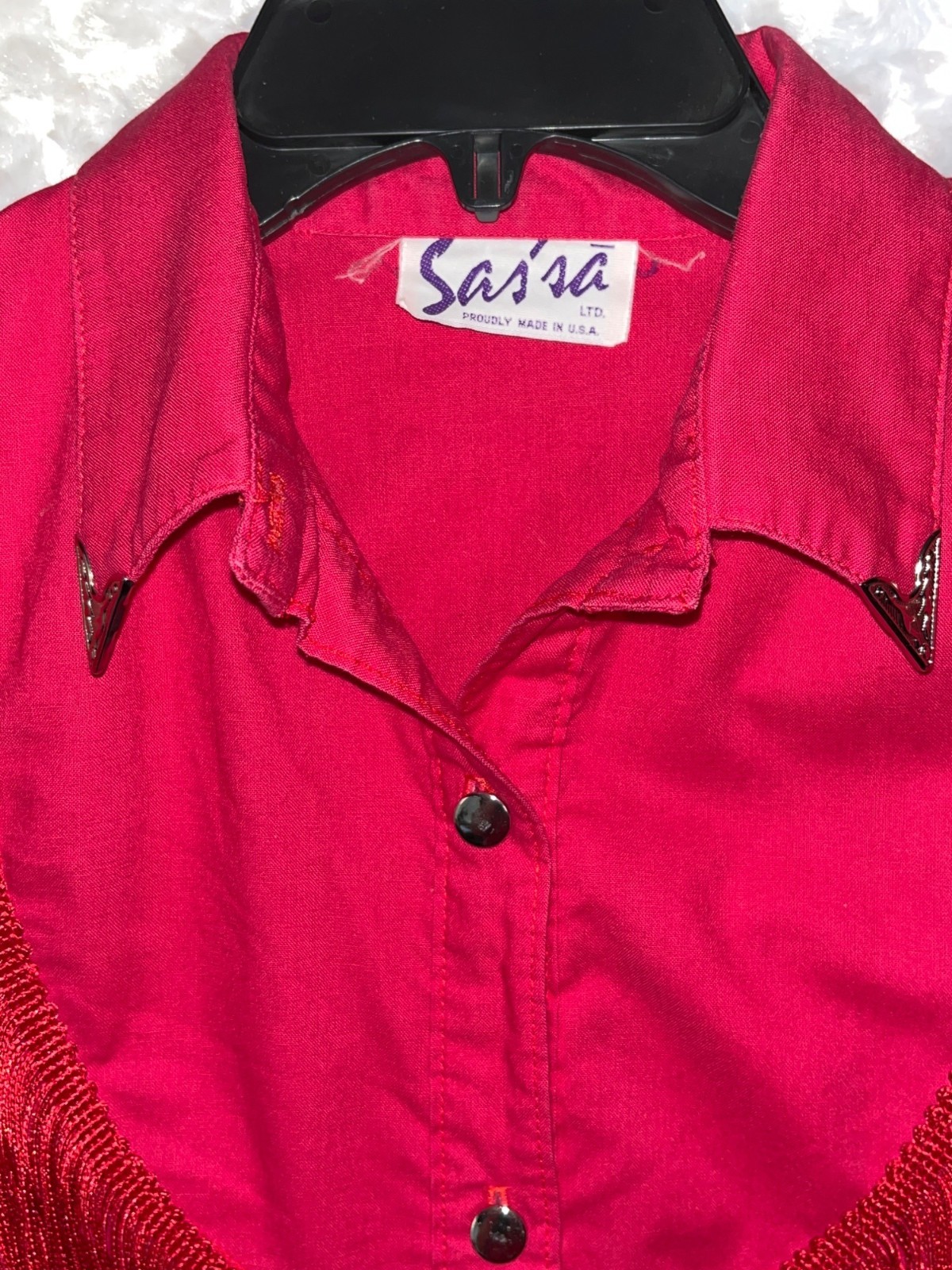 Vintage Sassa Red Western Shirt With Fringe Made In USA Size M Long Sleeve Women
