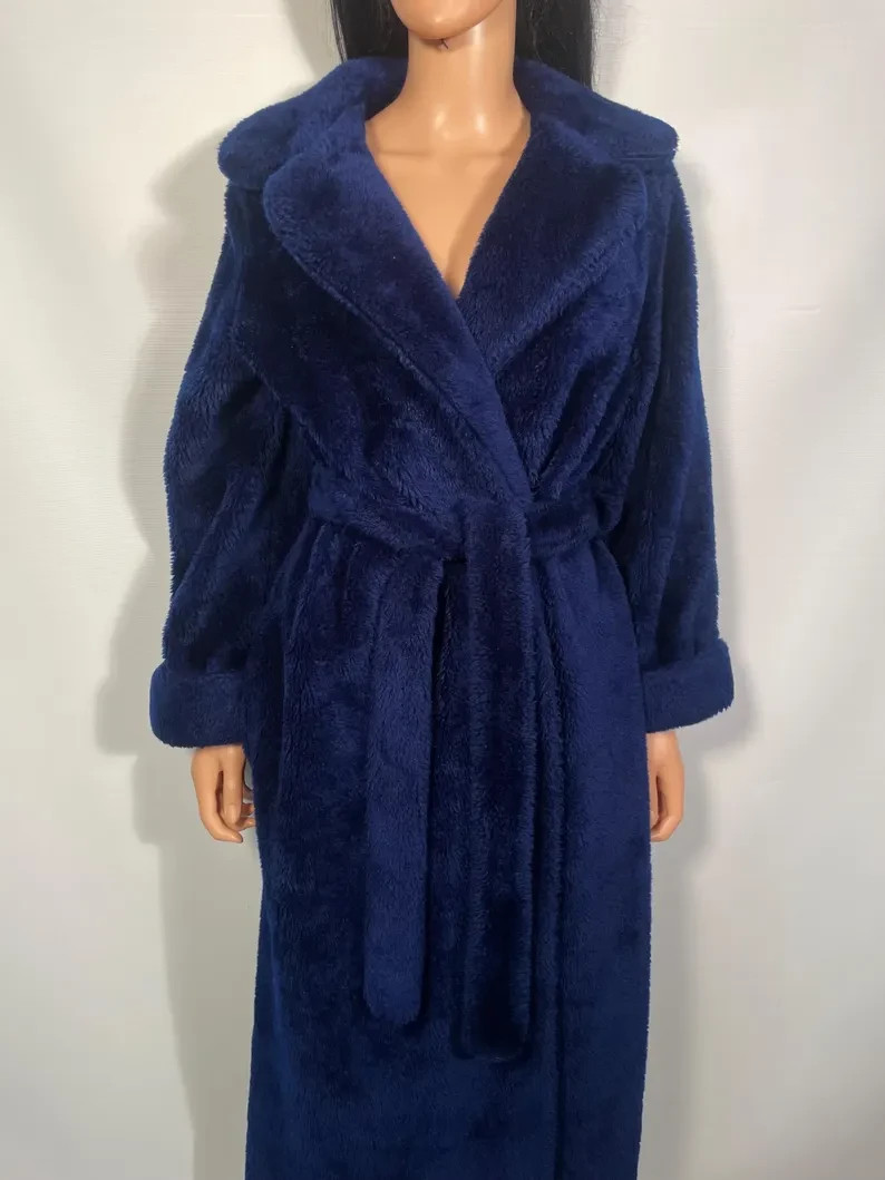 Vintage 1970s Plush Fuzzy Dark Blue Robe Made In USA Size M
