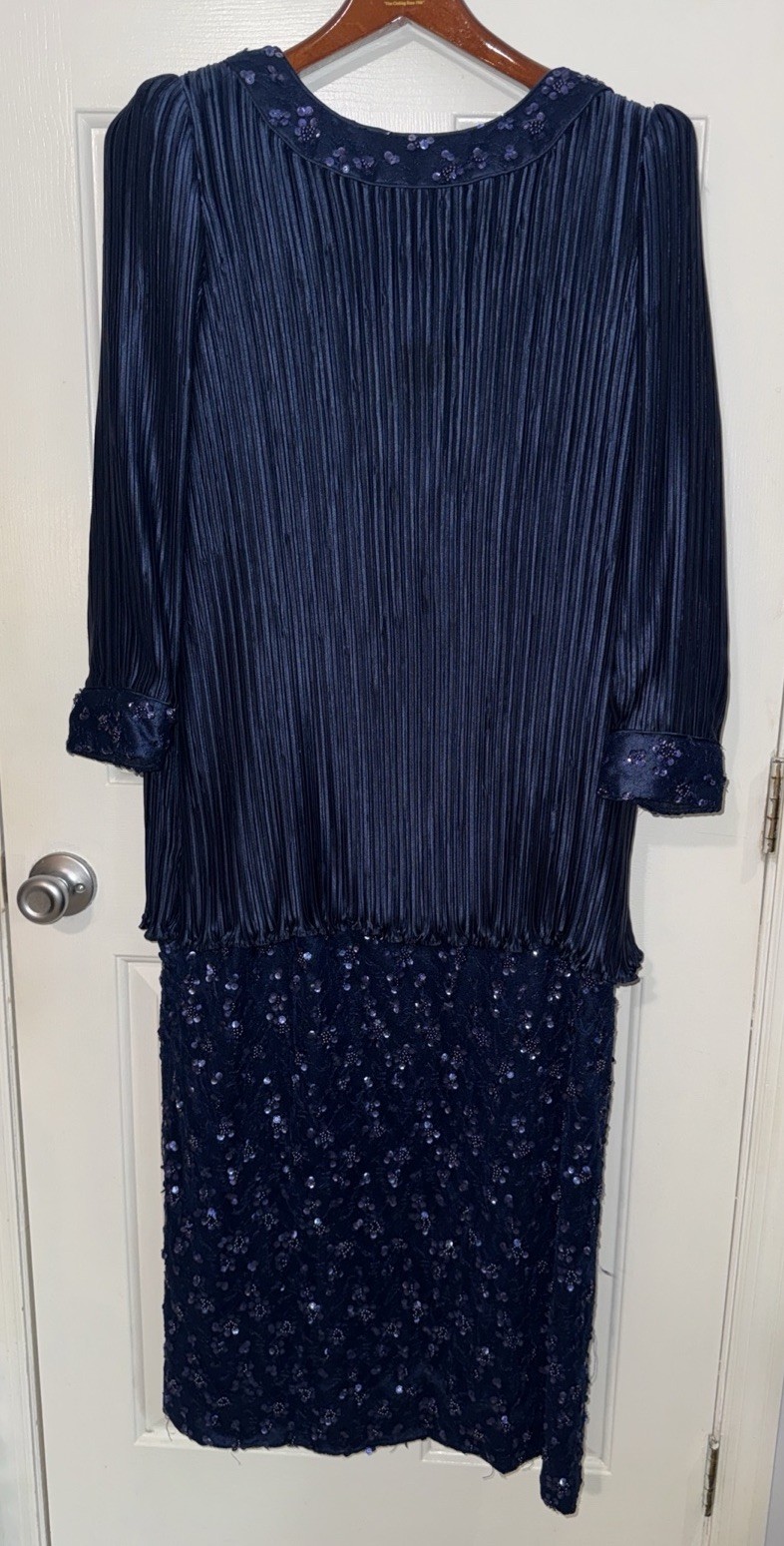 Vintage 80s George F Couture NY size 18 plisse pleated dress blue pre owned