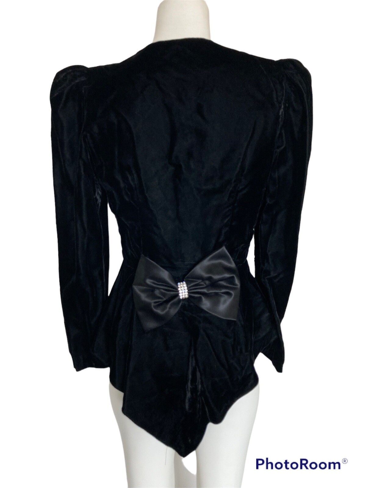 Vintage 80’s Black Velvet Mutton Sleeve Peplum Blazer Rhinestones Bow Sz S 4-6