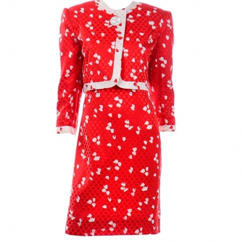 David Hayes Saks Fifth Avenue Red Silk Jacquard Cropped Jacket Vintage est Large