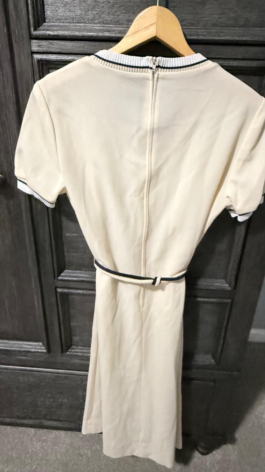 Vintage David Crystal Lacoste Tennis Dress USA Cream Navy Trim Belted Size 12