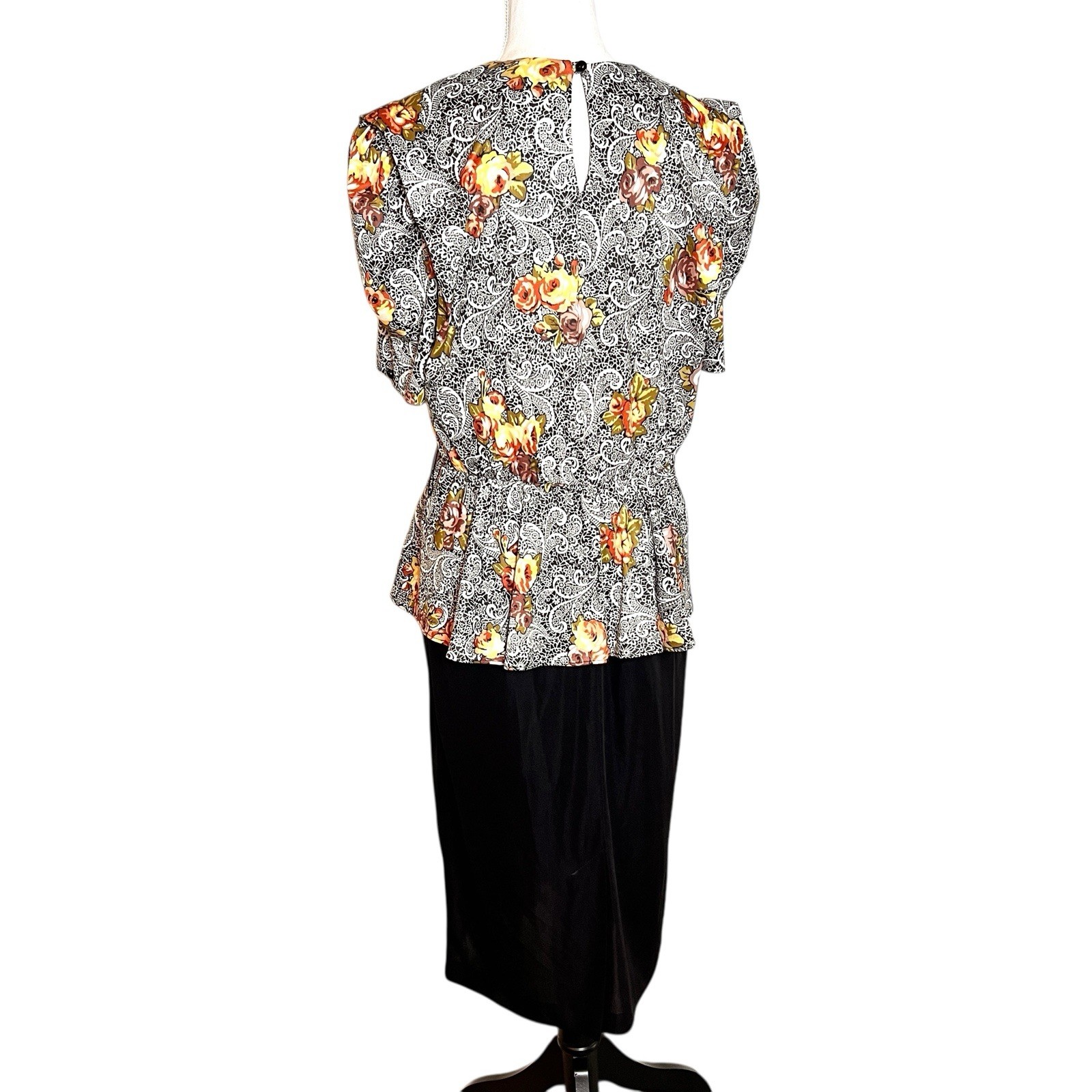 Vintage Jenny Floral Paisley Print Peplum Midi Dress Black Medium Made USA 90s
