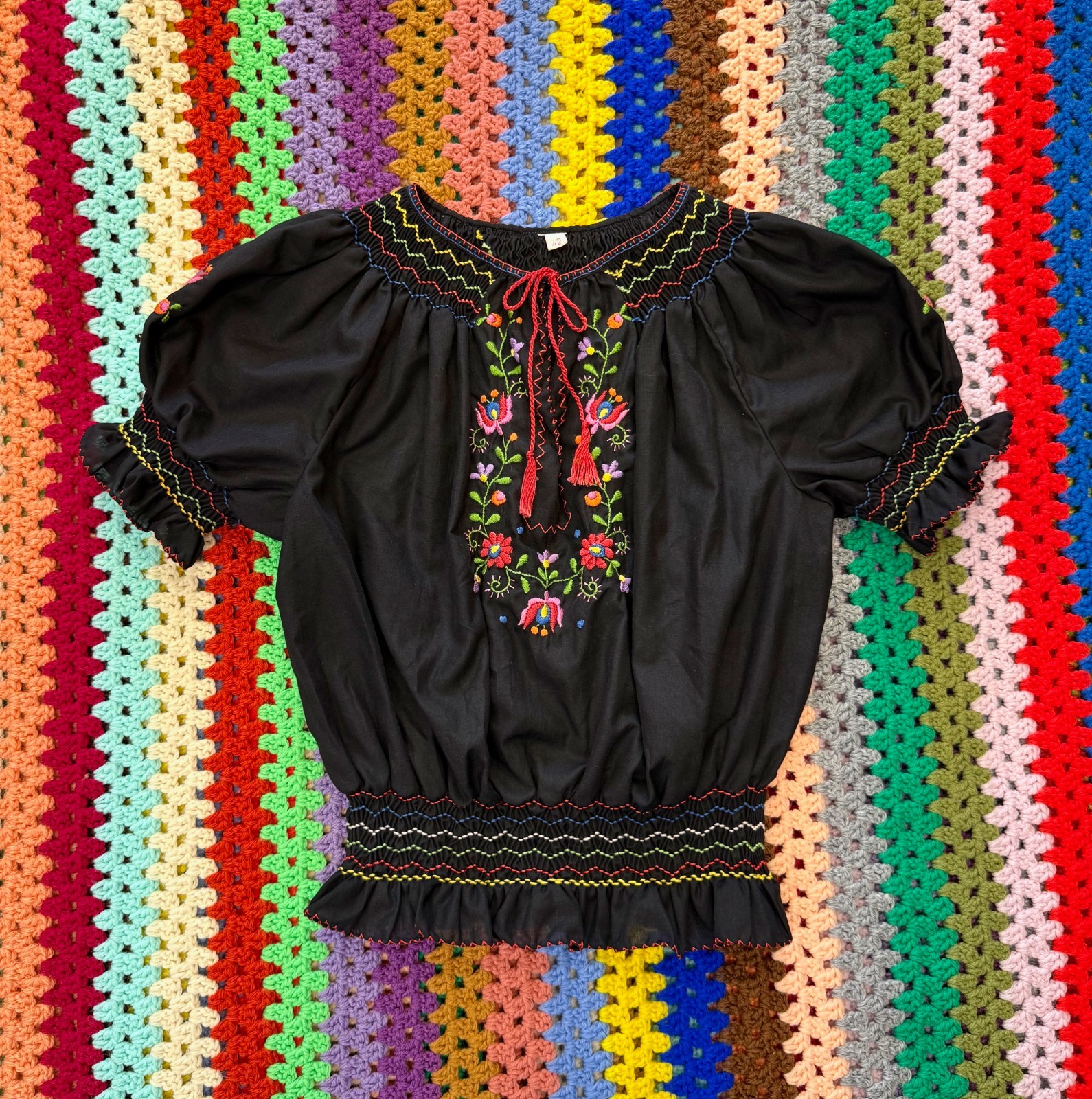 Vtg 1970s does 1930s Black Floral Embroidered Cotton Hungarian Peasant Blouse