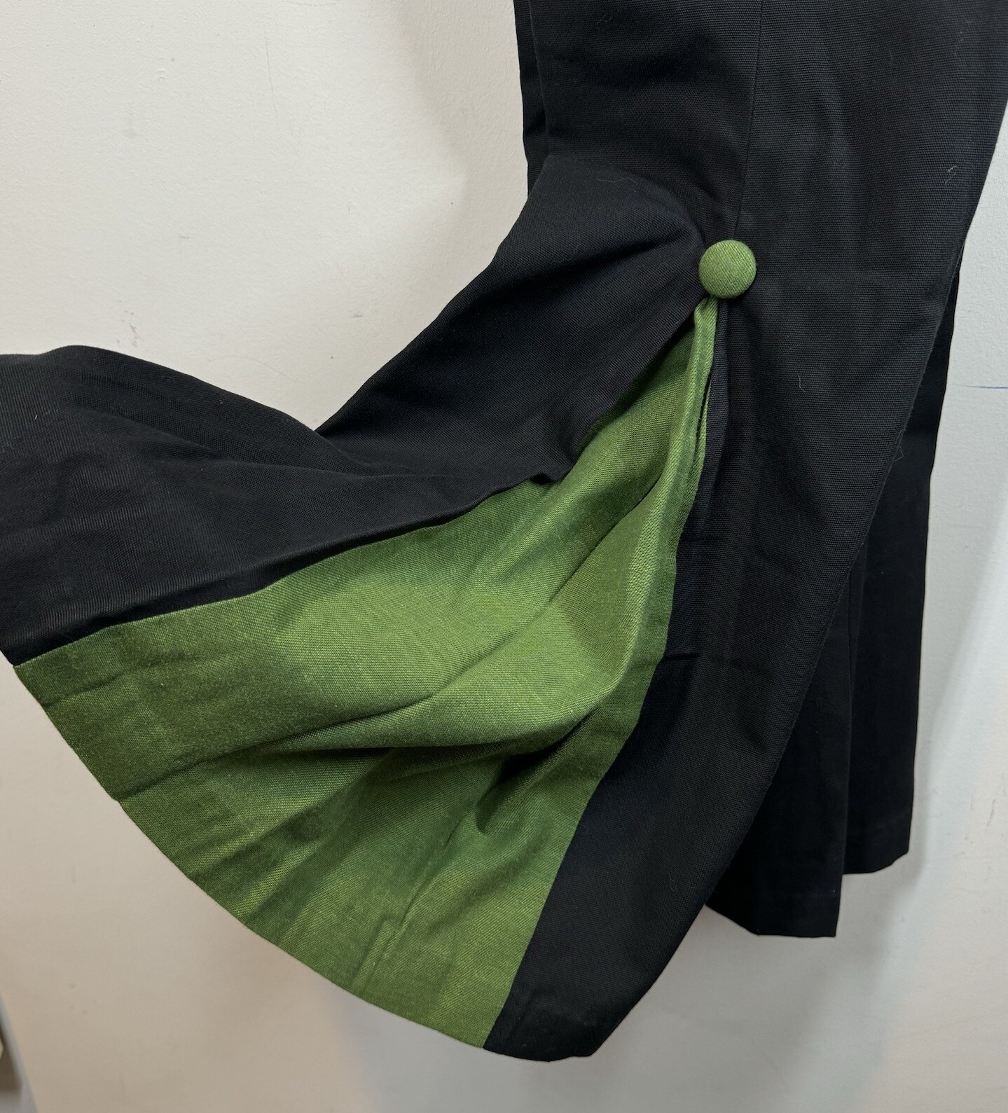 Vintage Homemade Green Pleated Black Bell Bottom Pants Cotton 24” Waist Sz XS/S