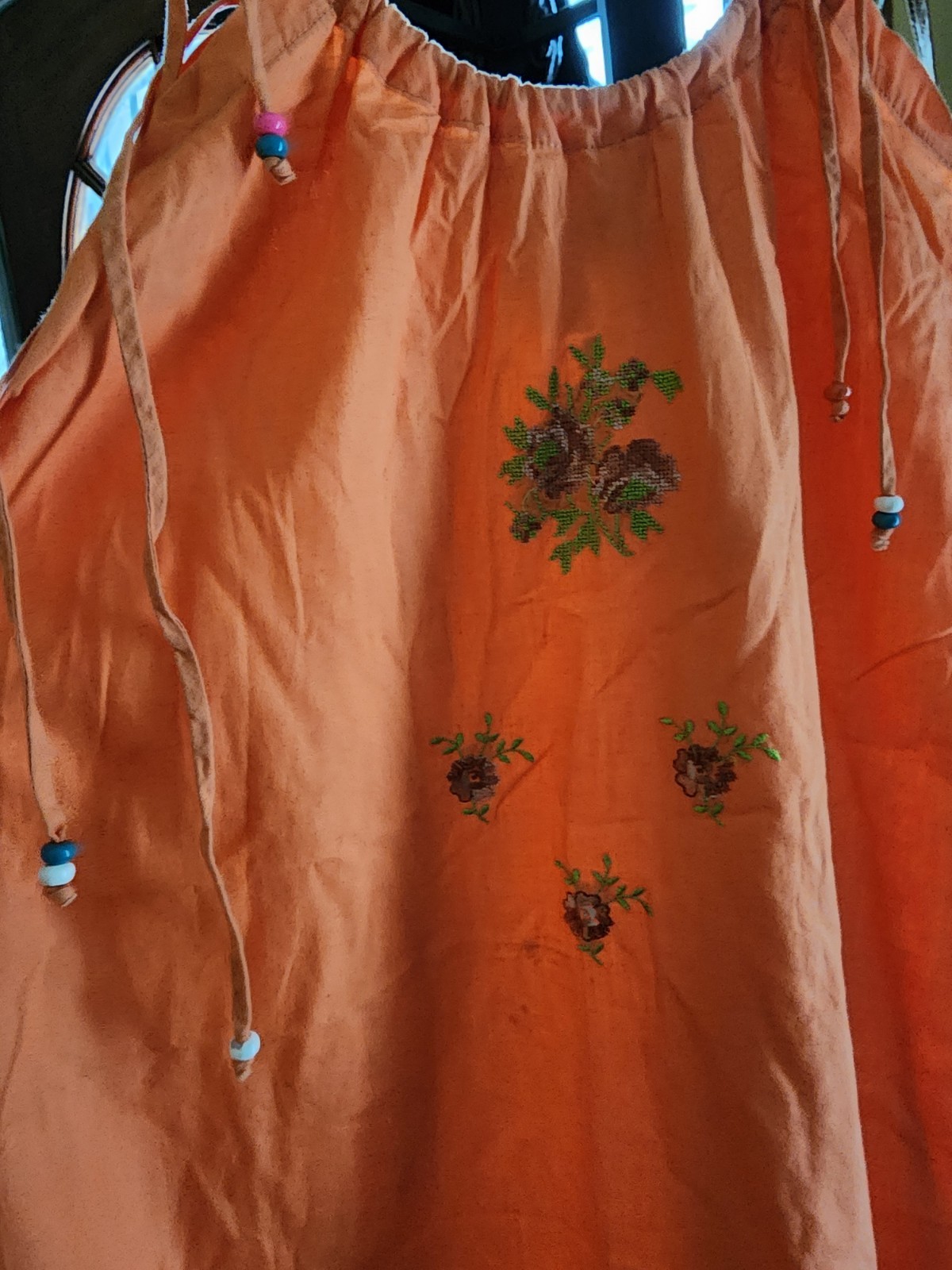 ​Vintage 1970s Mexican Sun Dress Orange Rick Rack Ruffle Beads Cottagecore Boho