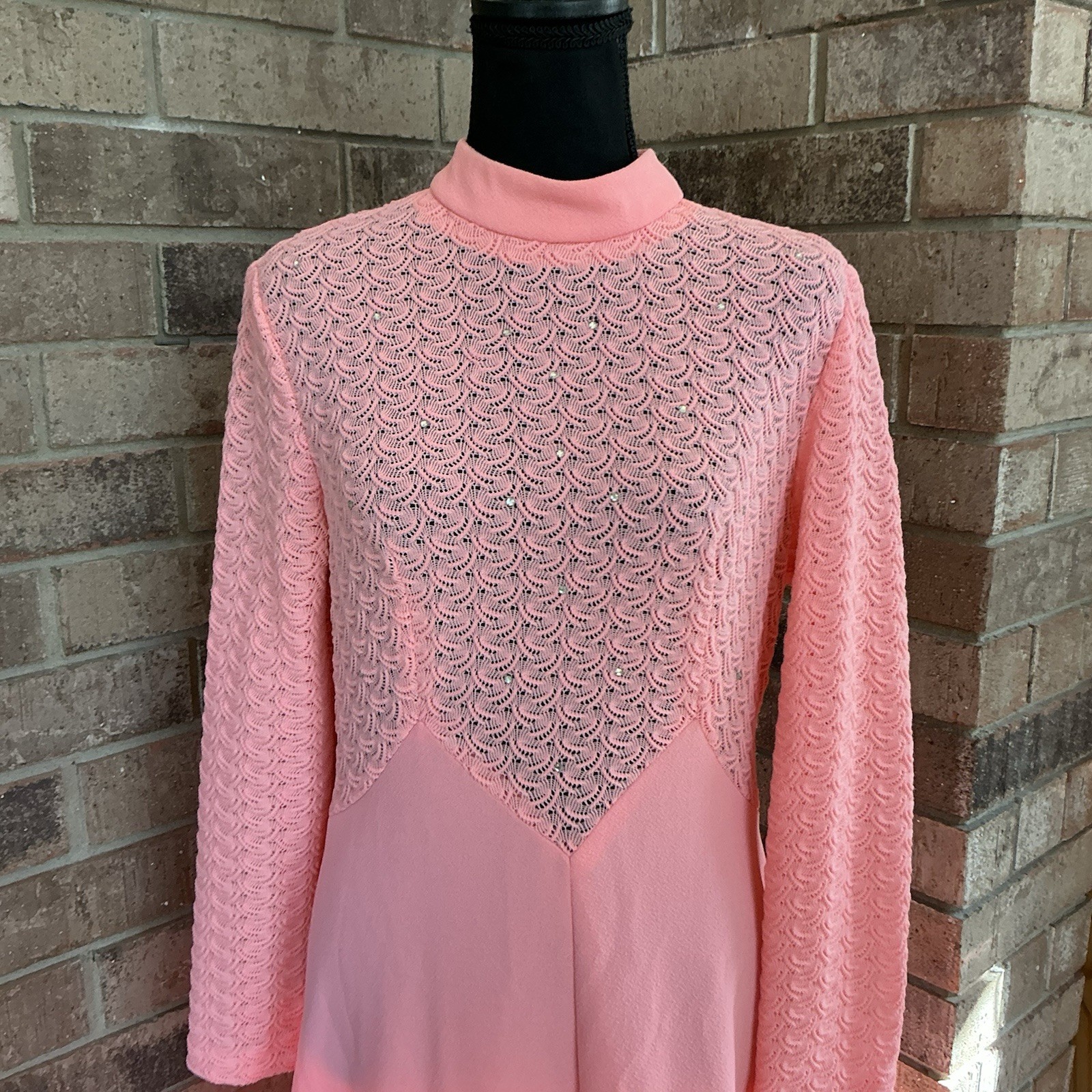 VTG Pink Lace Bodice Maxi Dress Size 14 Long Sleeve Rhinestone USA Made #11C7