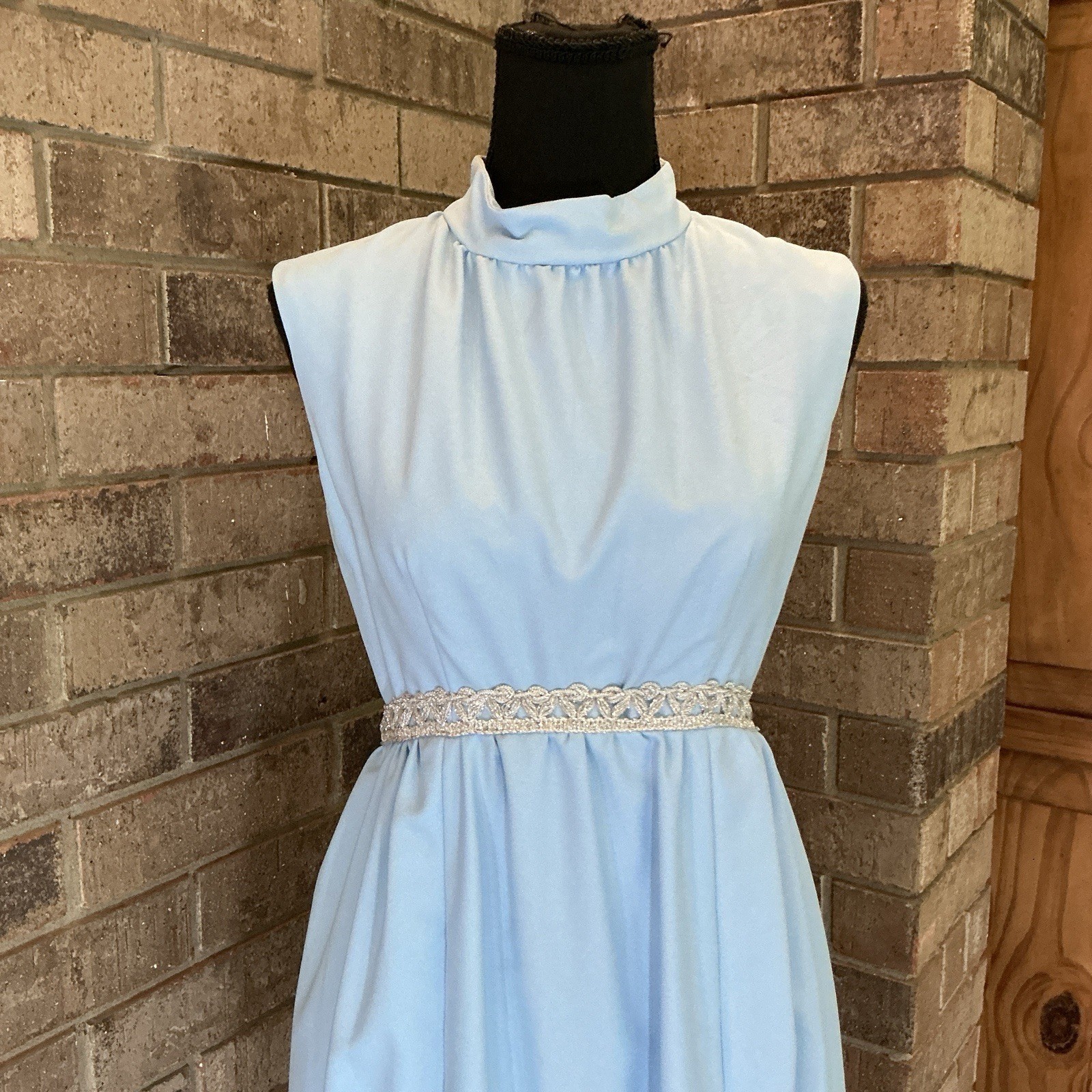 60s 70s VTG Baby Blue Maxi Dress Sz XS/S Empire Waist Lace Trim Formal Gown 34E9