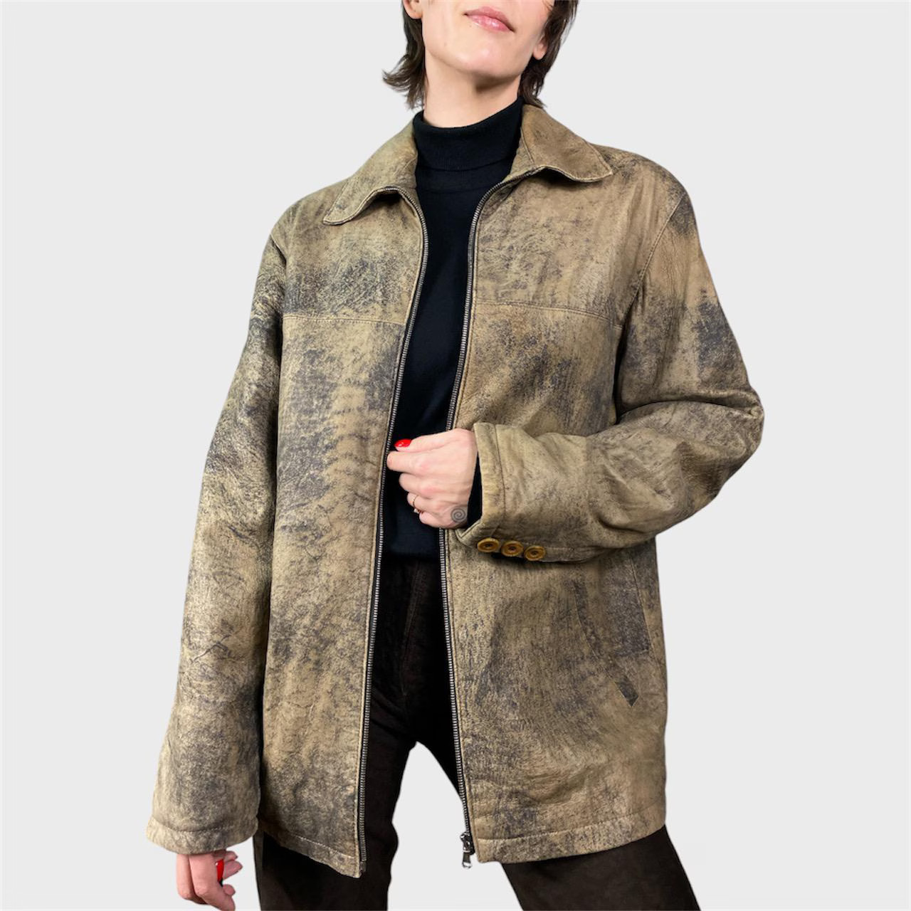 Vintage Distressed Lamb Leather Jacket: Oversized Brown Unisex size US10