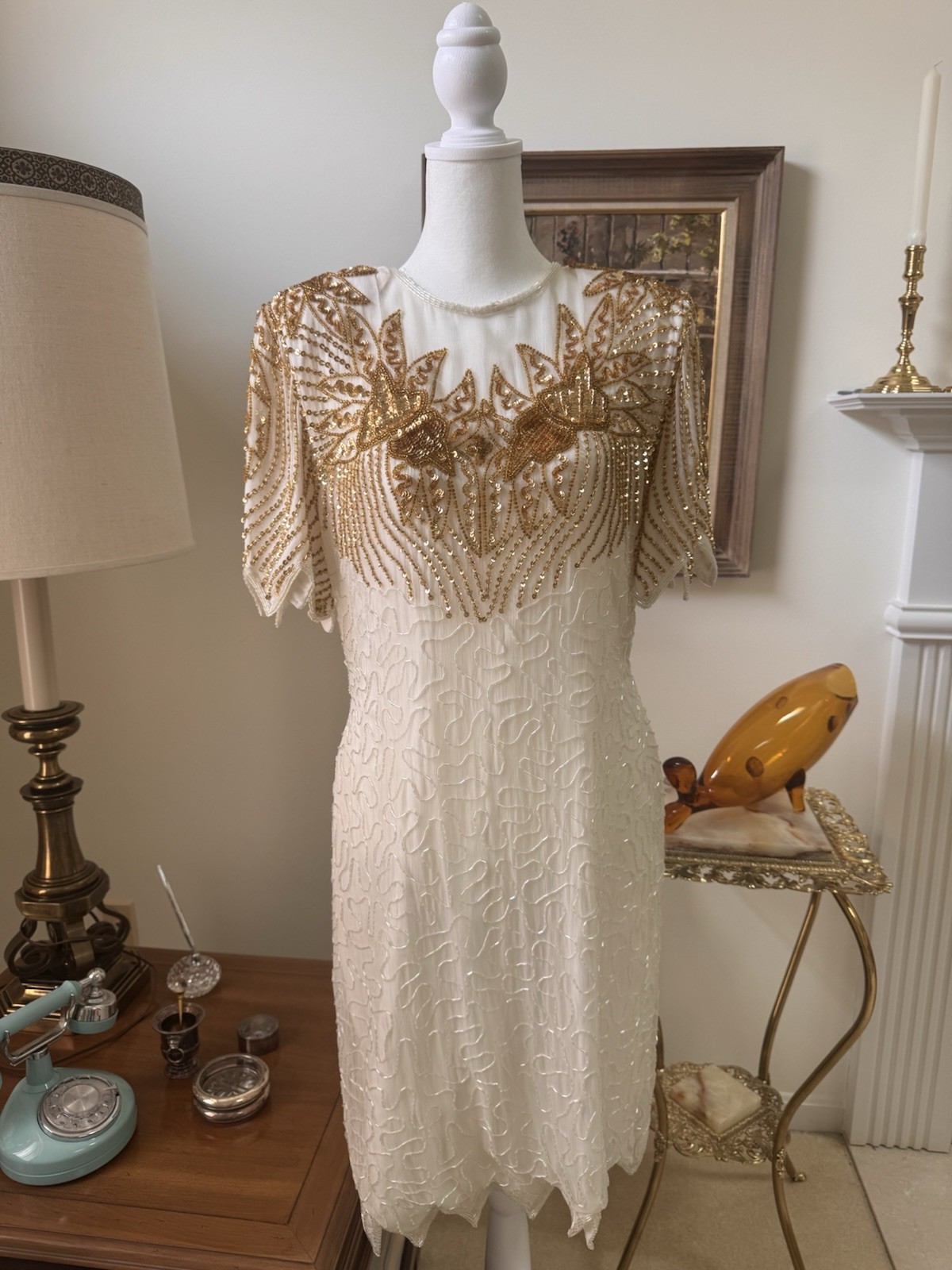 Vintage 80s Silk Beaded Dress Denise Elle Ivory Gold Sequin Cocktail Gatsby L