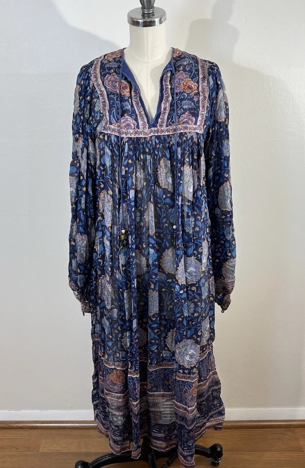 Rare Vintage 70s Ritu Kumar For Judith Ann Dress XS Sheer Indian Hand Print Silk