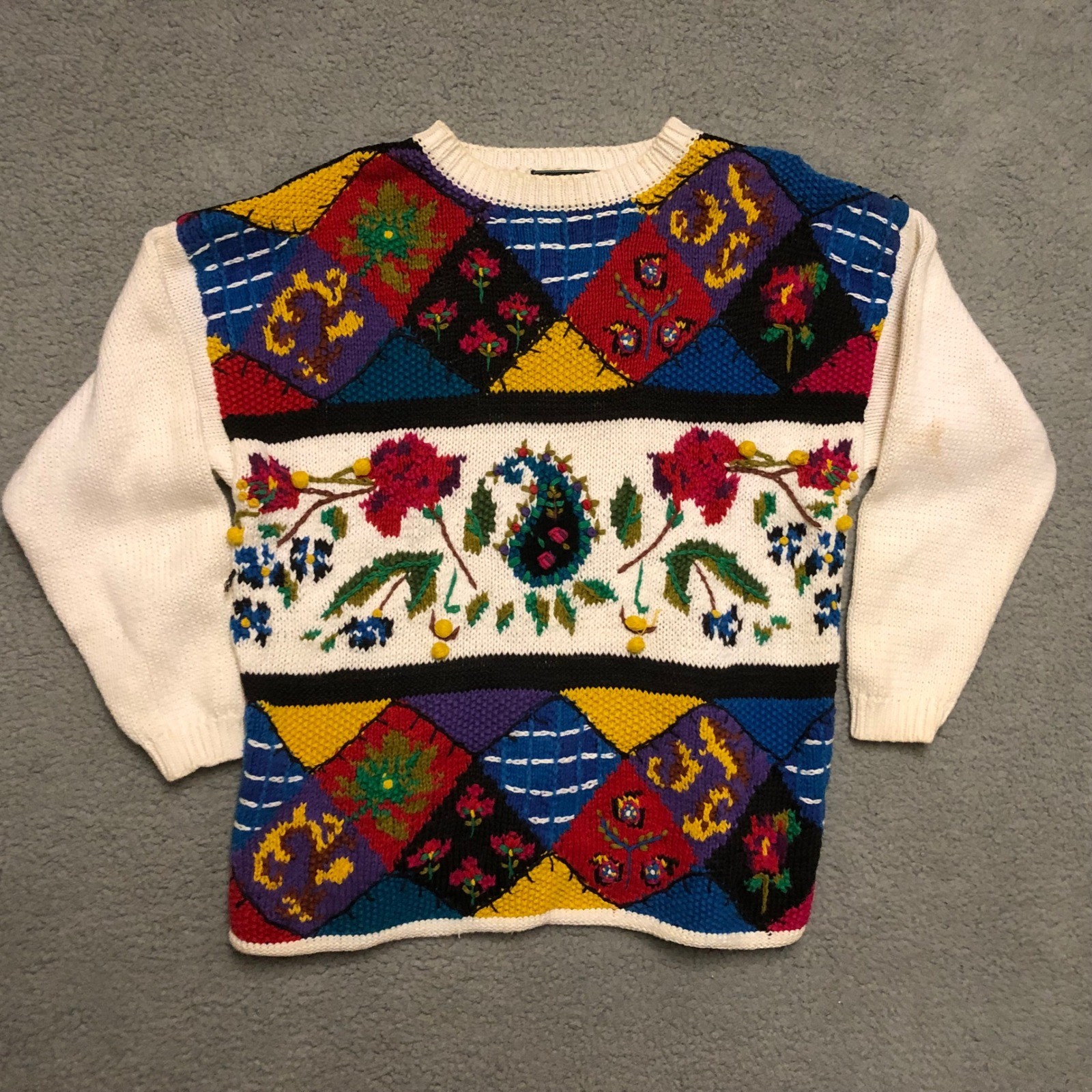 Cherry Stix Vintage Hand Knit Floral Patchwork Sweater Multi Color Medium