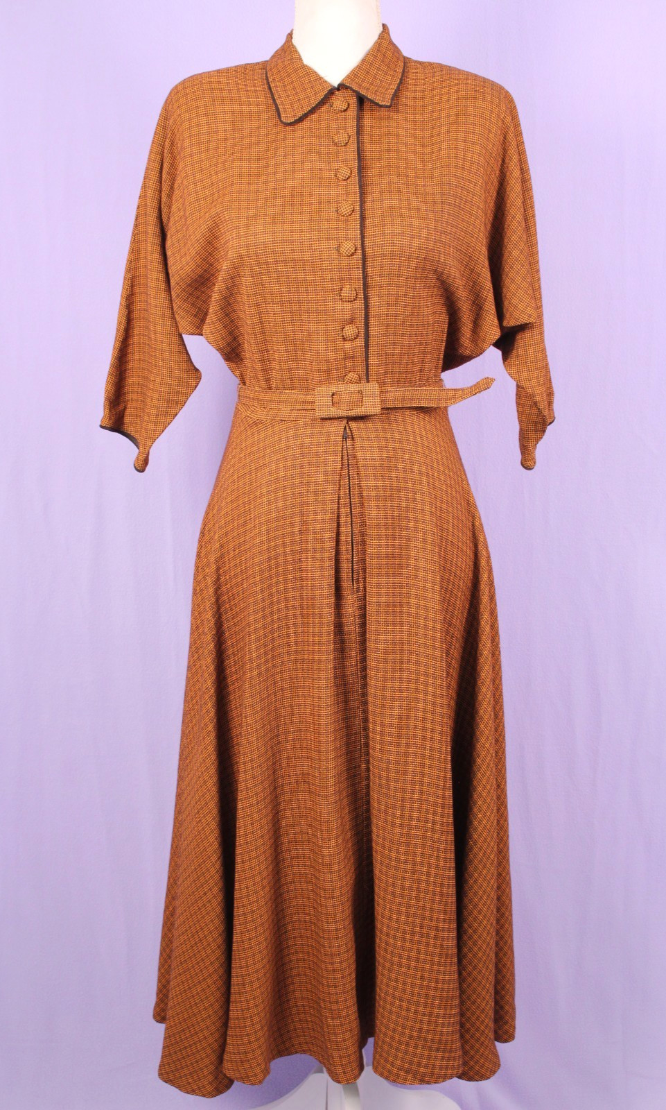 VTG Women’s 50s Orange & Brown Plaid Look Dolman Sleeve Dress W/ Belt Sz S 1950s