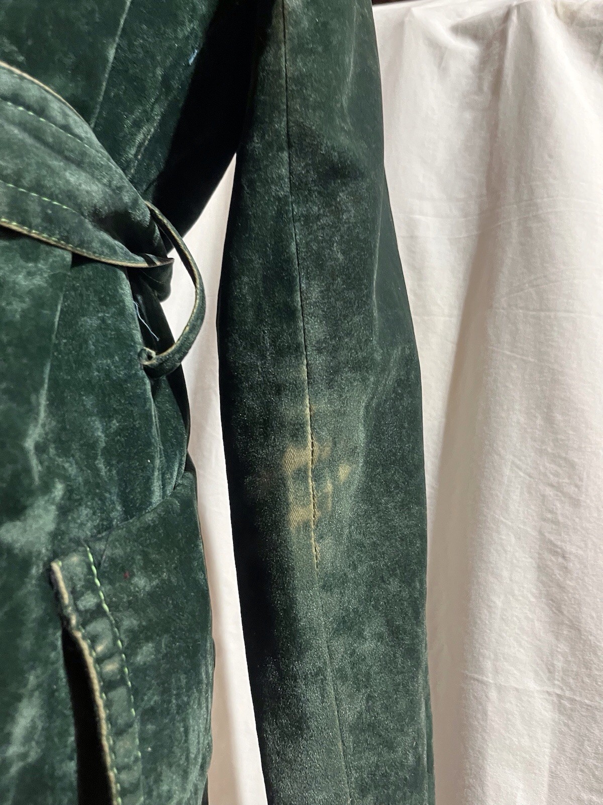 Green Velvet Vintage 1970s 1960s Deep Pockets Trench Style Belted Antique Mod