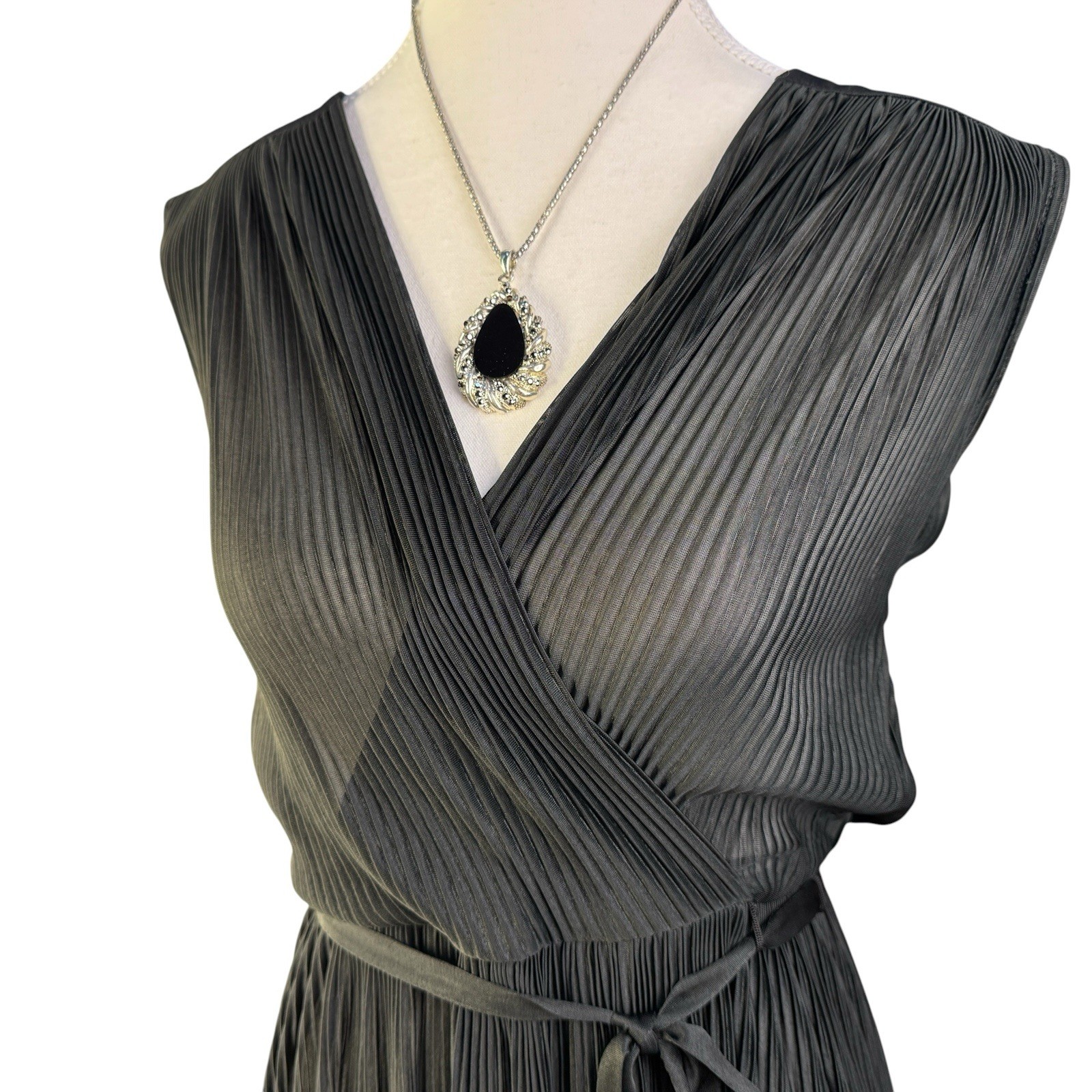 Vtg Stitches Black Stretch Pleated Surplice Midi Dress S12 Tie Waist Sheer