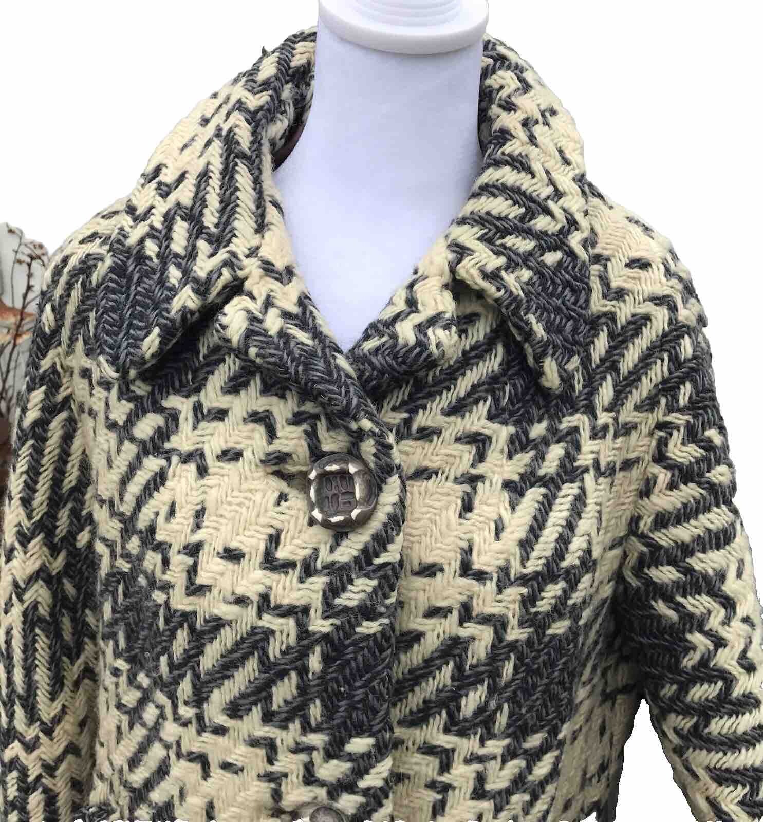 Vtg 50s 60s Woven Wool Women’s Coat Geo Southwestern M L Grey Tan Mod Retro USA