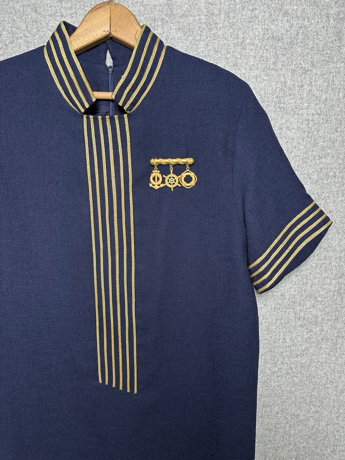 Vintage Junniette Size 6 Navy Blue Gold Womens Dress Sailor Nautical Stewardess