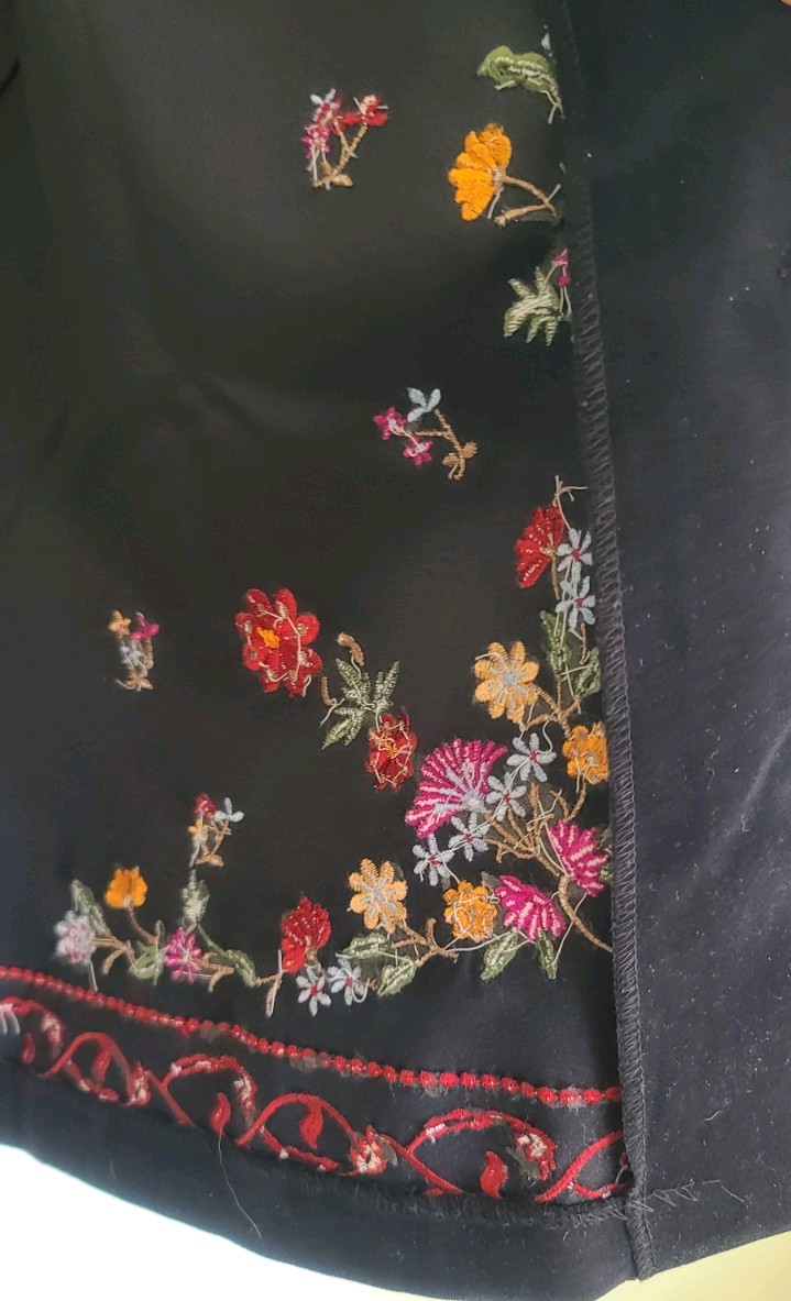 Vintage black Faux Suede Top Jacket Embroidered Red Pink Yellow Flowers. size 12