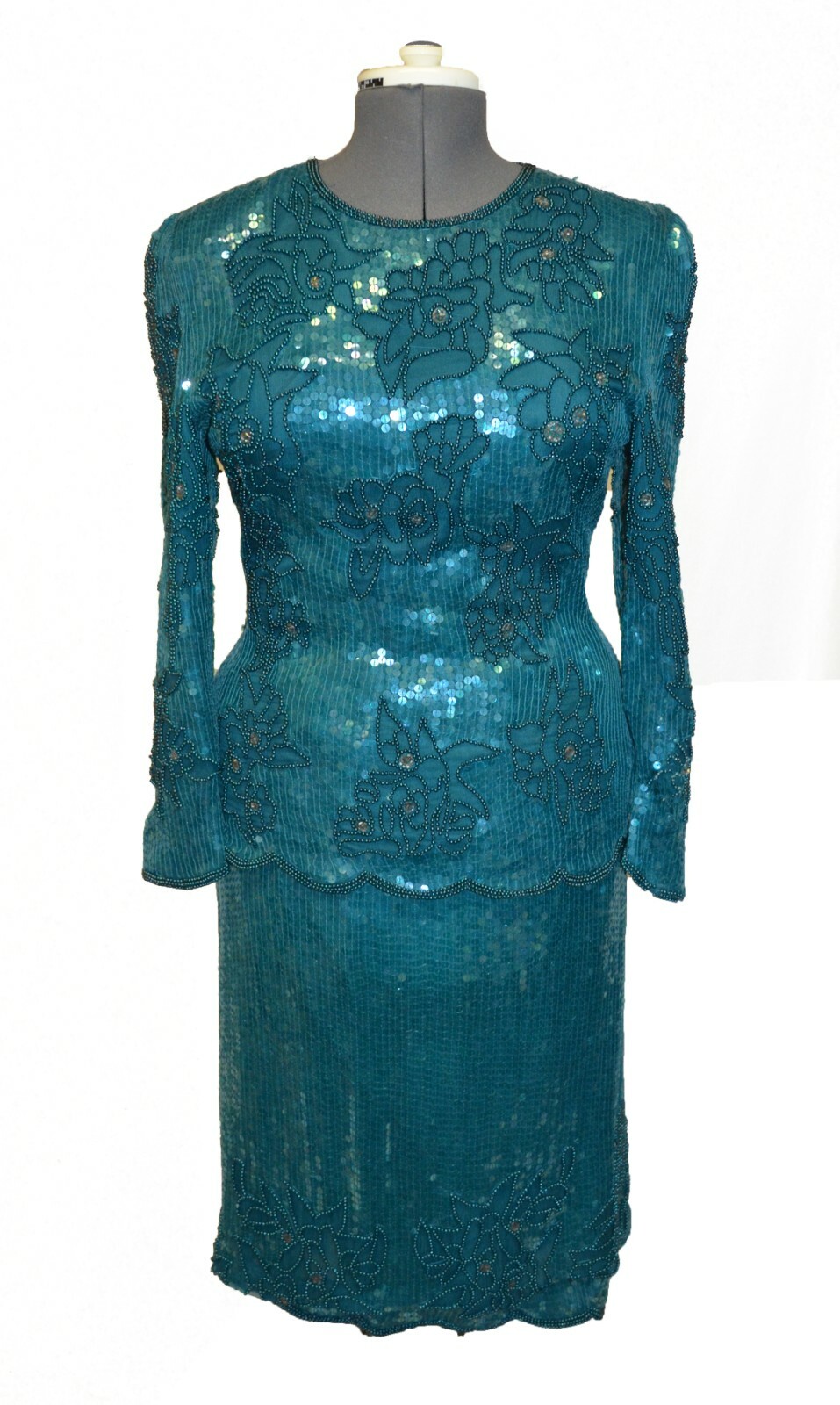 Eve’s Allure Vintage 80s Teal Silk Sequin 2 Piece Prom Party Formal Dress sz L