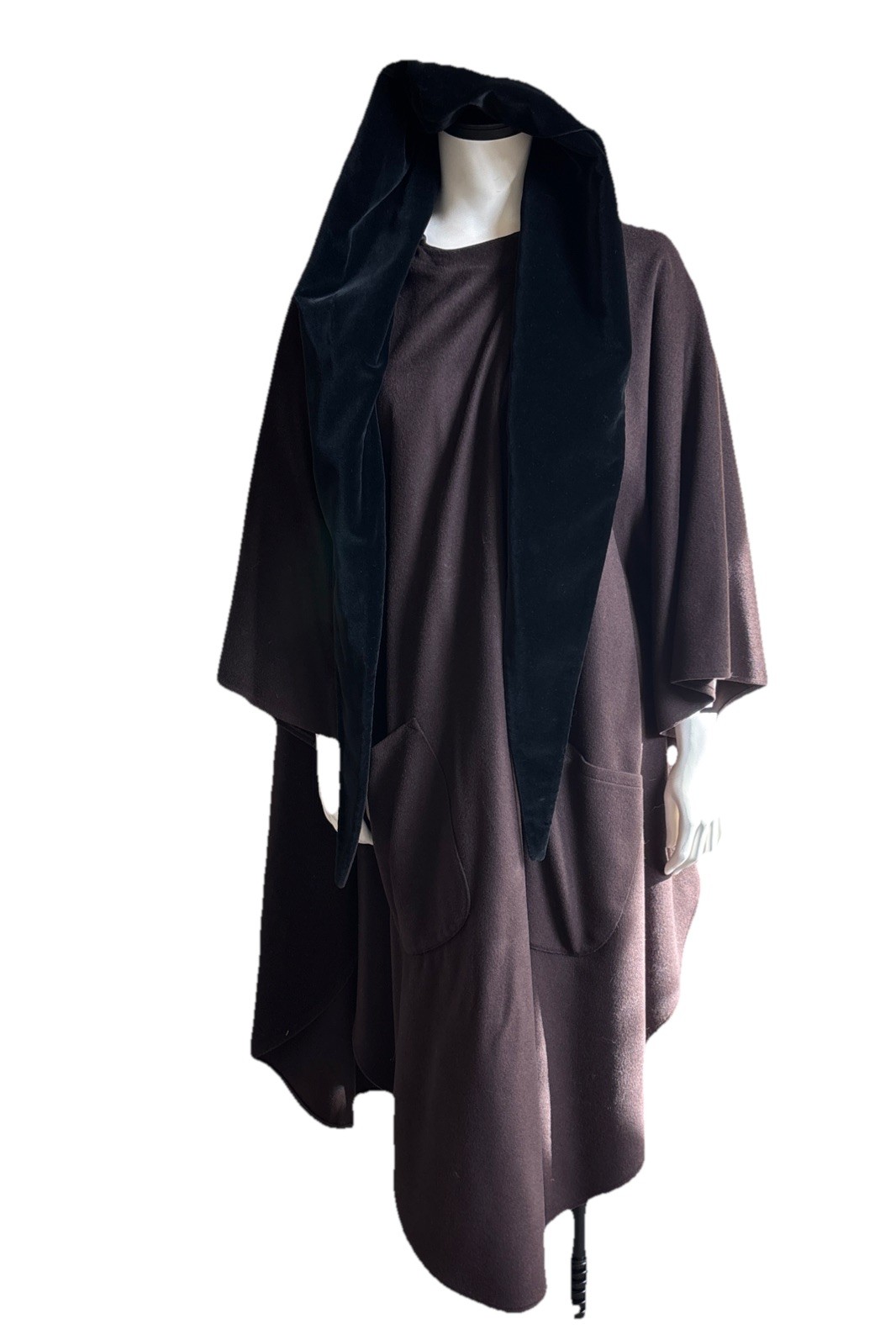 Vintage Jimmy Hourihan Brown Irish Wool Cashmere Hooded Cape Black Velvet Size M