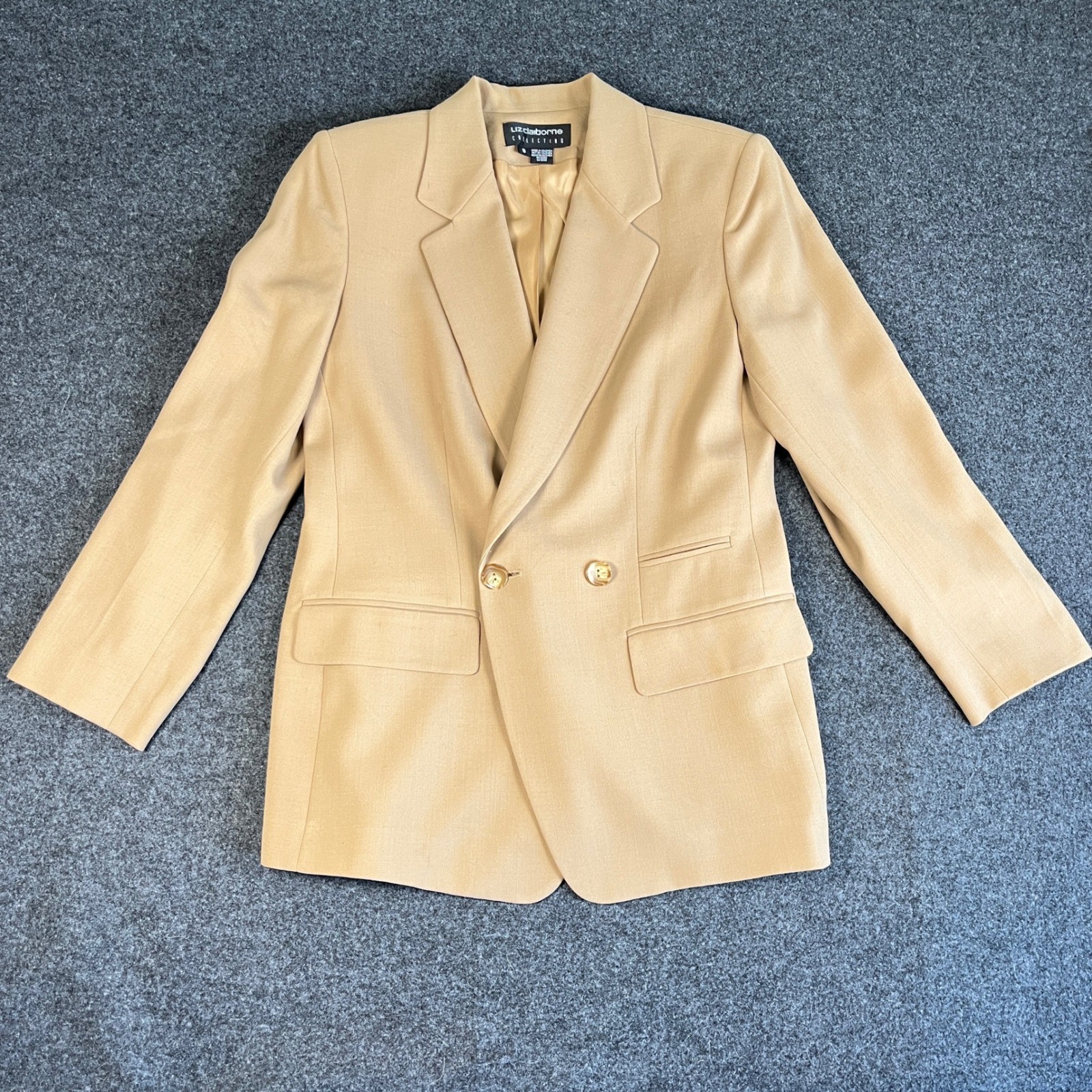 Liz Claiborne Collection Vintage 100% Wool Double Breasted Blazer Tan Beige 8