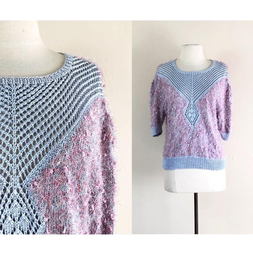 vintage 80s silk crochet sweater macrame ribbon open weave pullover boho 1980s