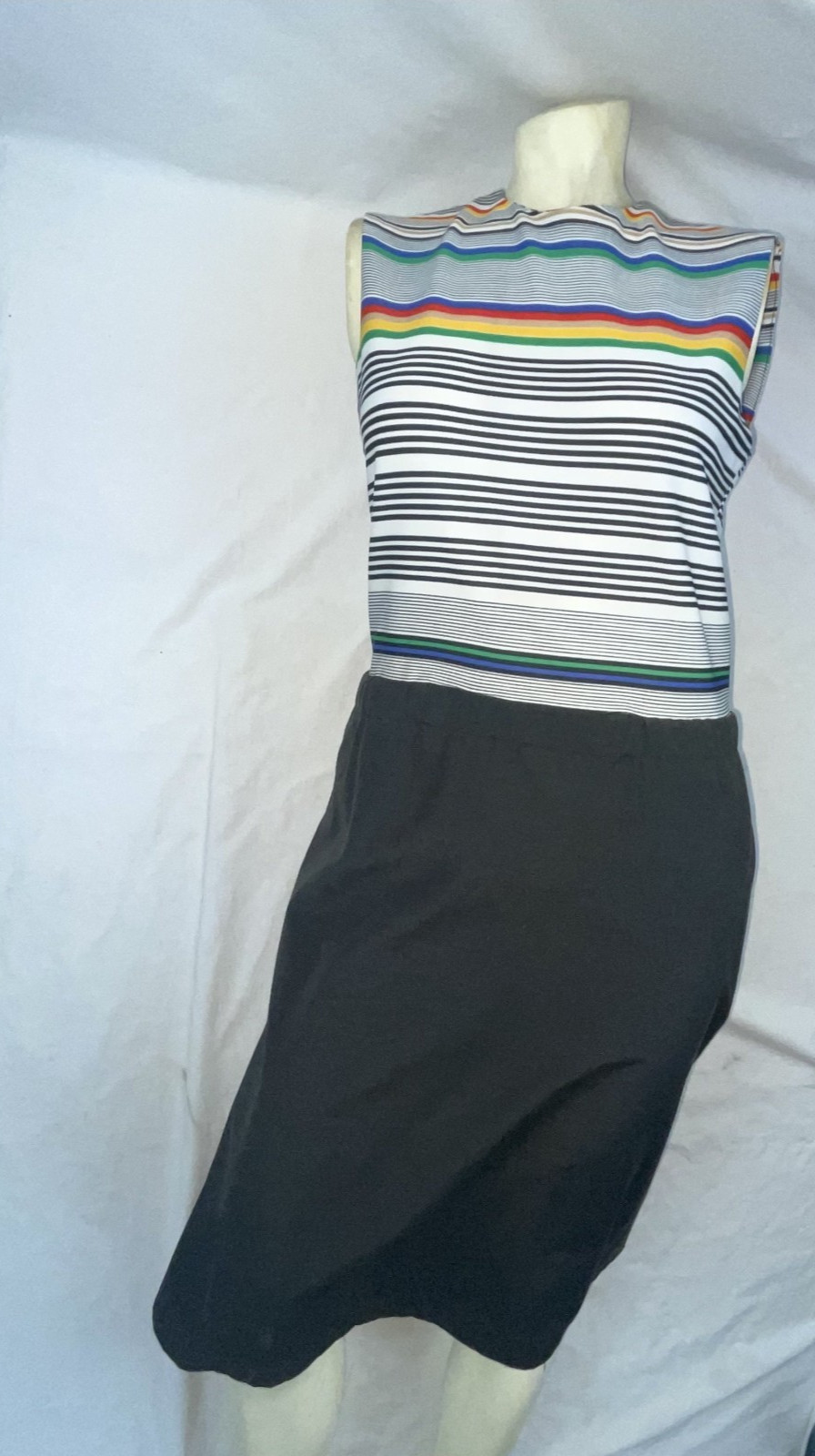 VTG 80S WOMENS S RETRO NEW WAVE SLEEVELESS STRIPED BLACK DRESS