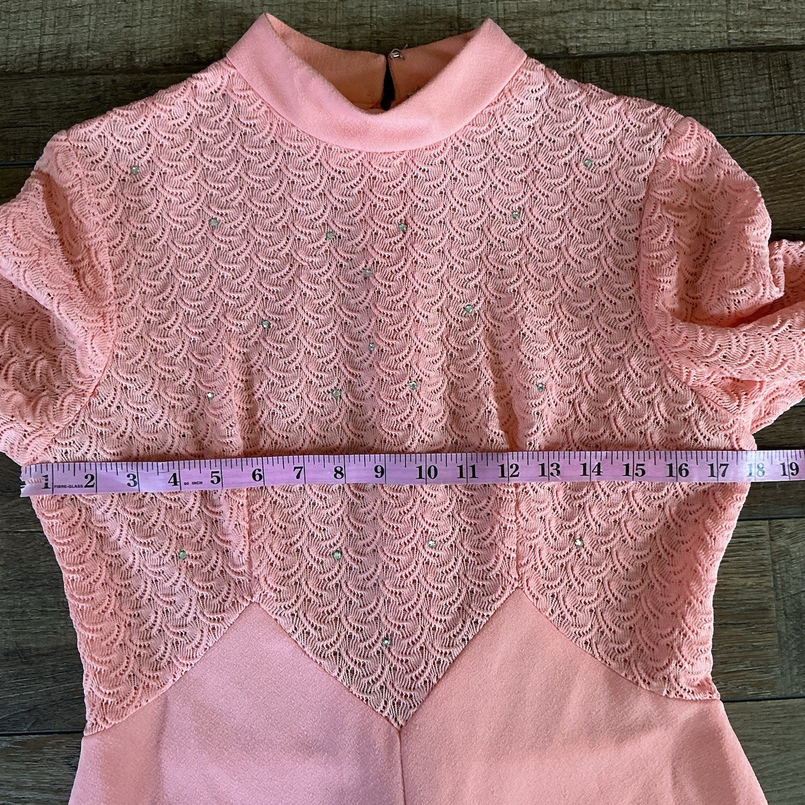 VTG Pink Lace Bodice Maxi Dress Size 14 Long Sleeve Rhinestone USA Made #11C7