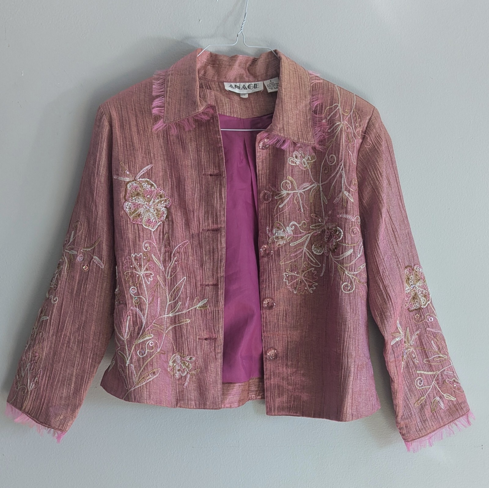 vintage 90s pink metalic s fringe embroidery beaded coat button up Floral anage
