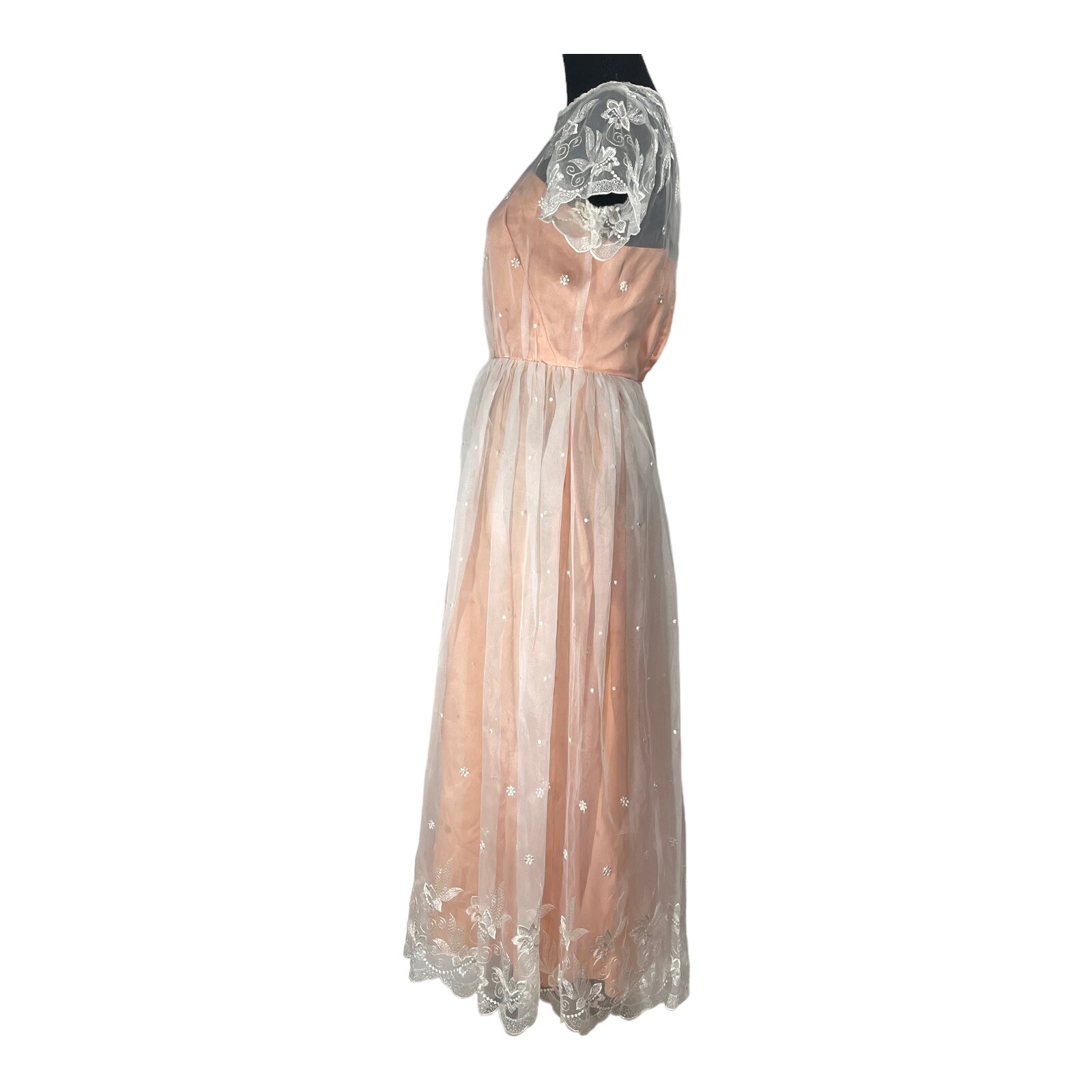 VTG 70s Party Tea Dress Women 5/6 Bridesmaid Chiffon Peach White Easter Prom