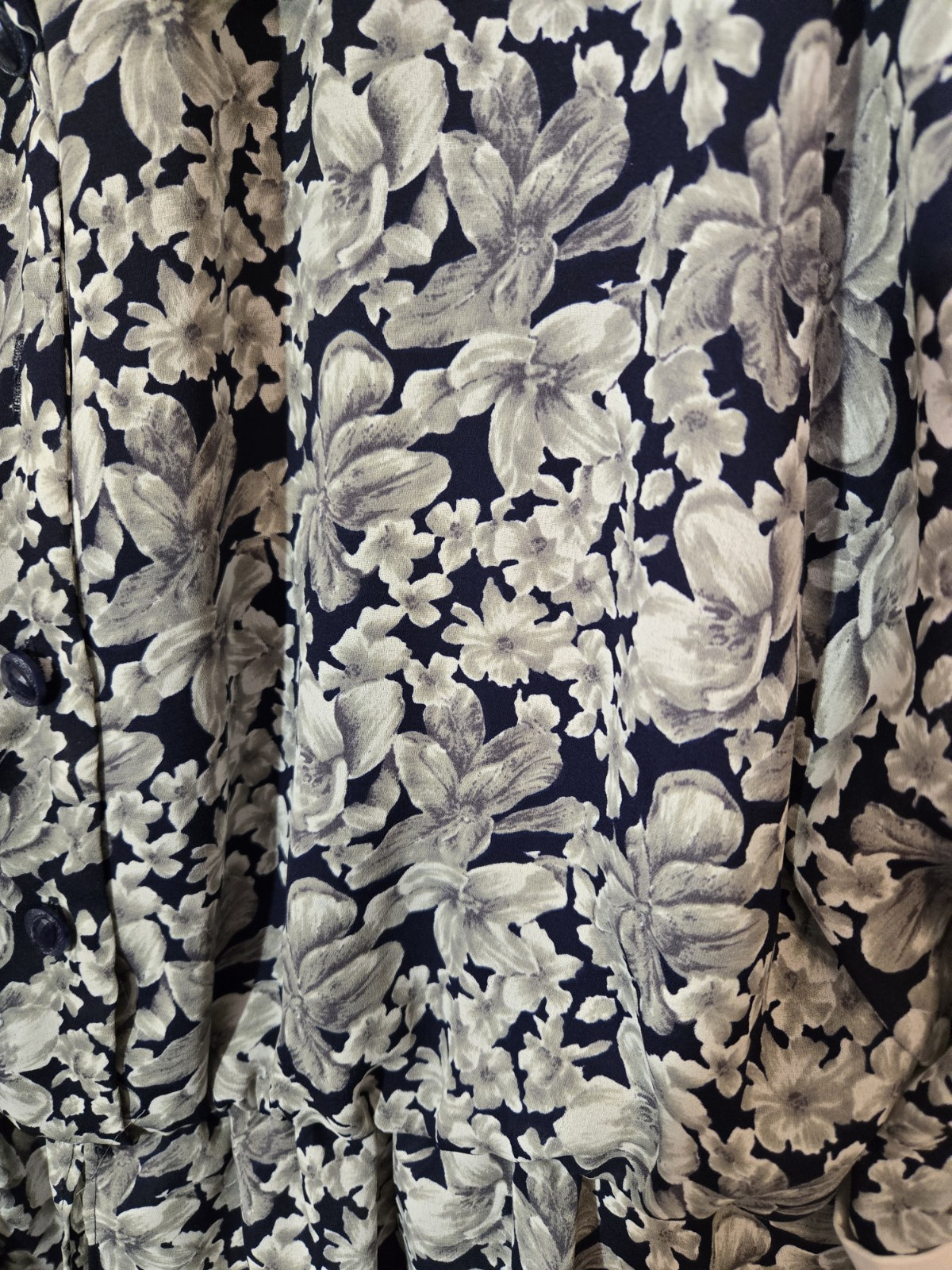 Vtg 90s Liz Robert’s Dress 18WP White Black Floral Boat Collar 3/4 Cuff Sleeves