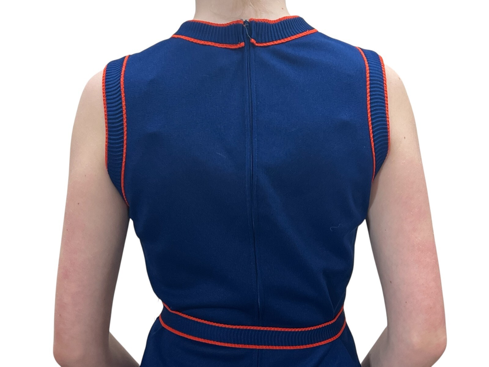 Vtg 70s S Dress Fit Flare Navy Blue Orange Red Trim Belted Sleeveless Poly Knit
