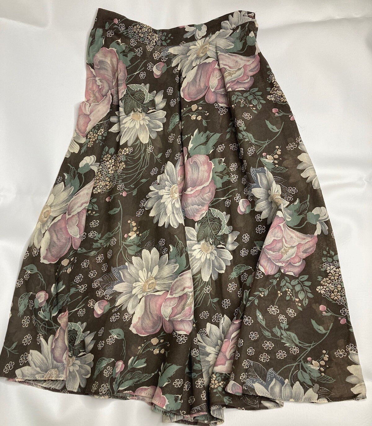Vintage Skirt Multicolor Brown Pink Floral A-line Midi Lightweight Size 13