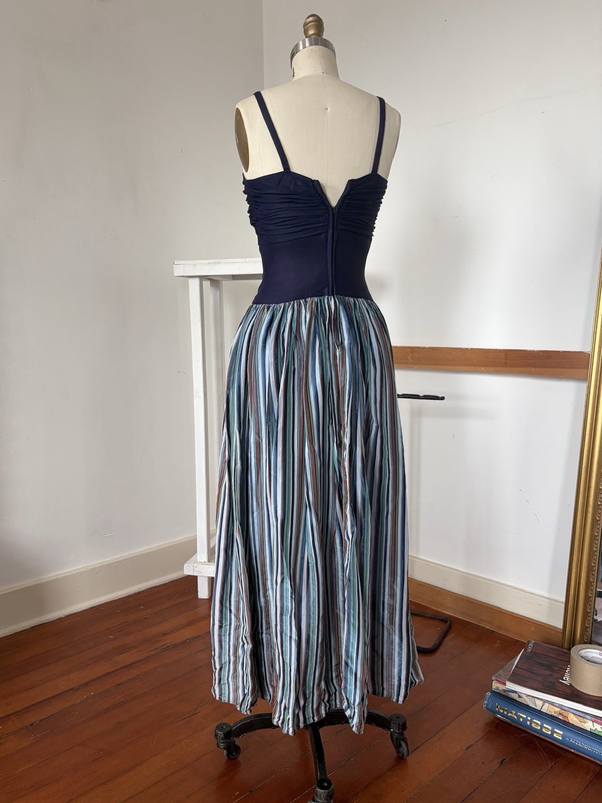 Vintage 40s Rayon Maxi Dress Ruched Bodice Colorful Striped Full Sweep Skirt XXS