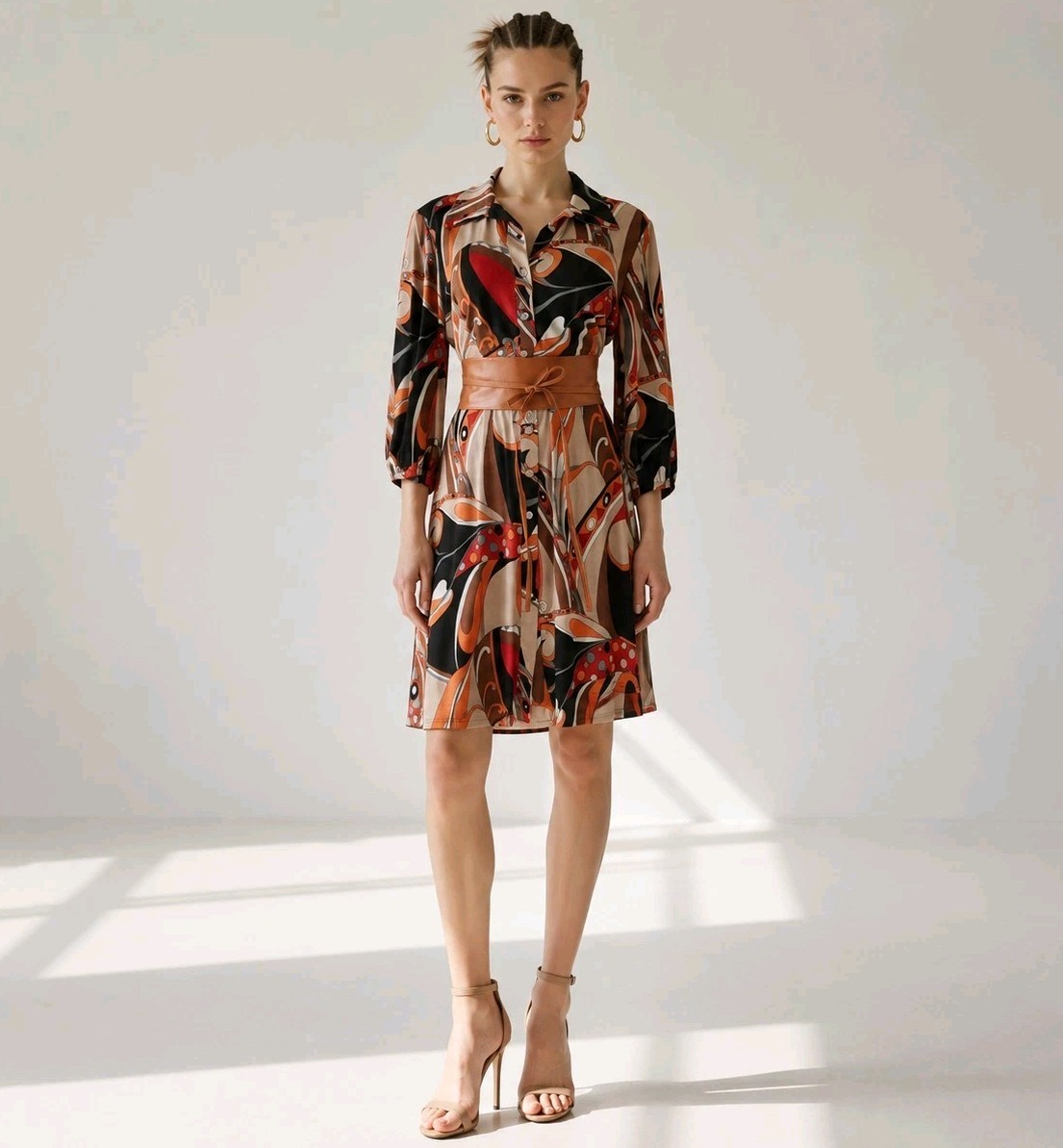 Vintage 80s Brown Psychedelic Shirtdress Sz L Graphic Print Black Hippy Boho