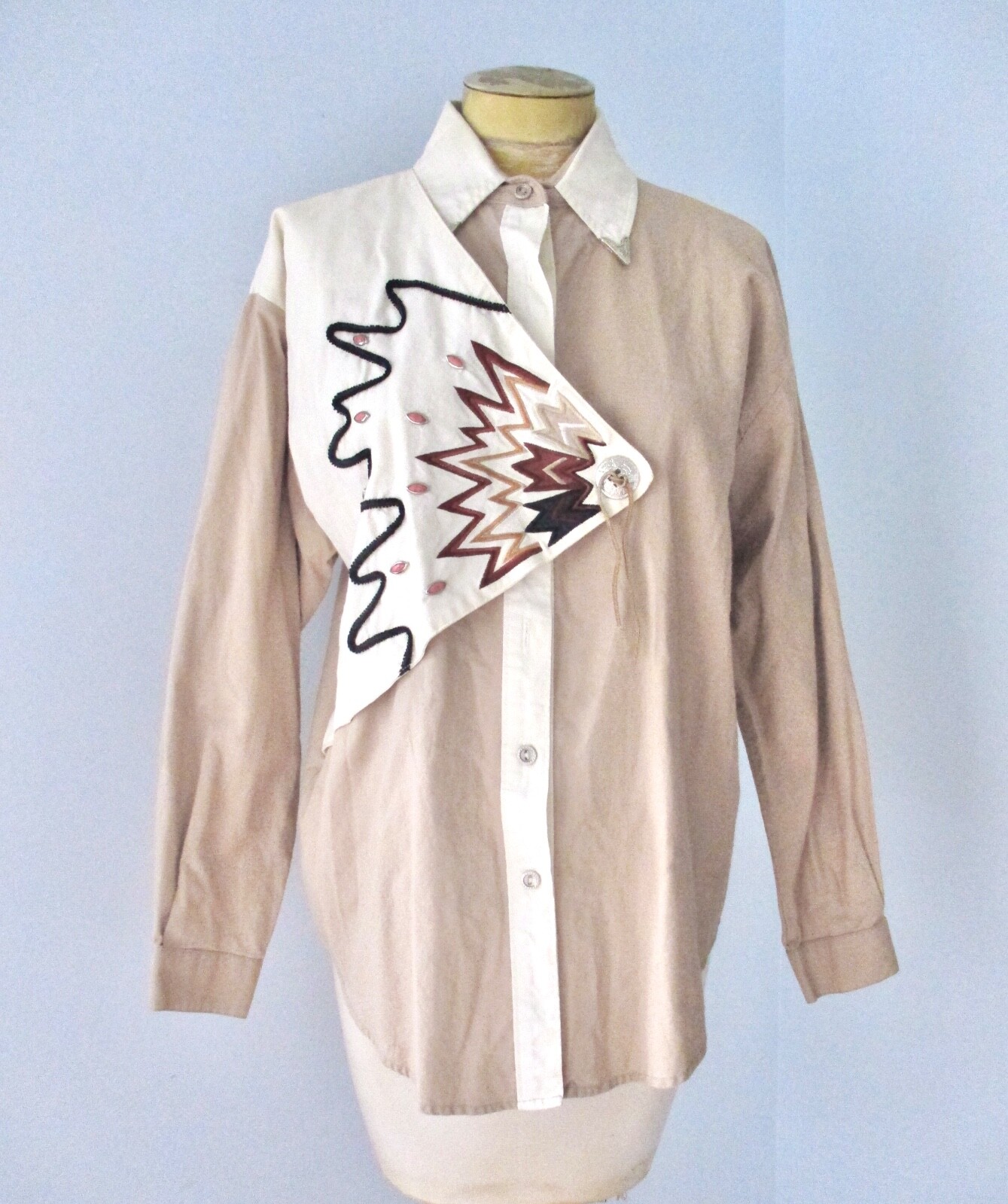 Vtg 80s beige southwest western blouse top embellished gems asymmetric bib L