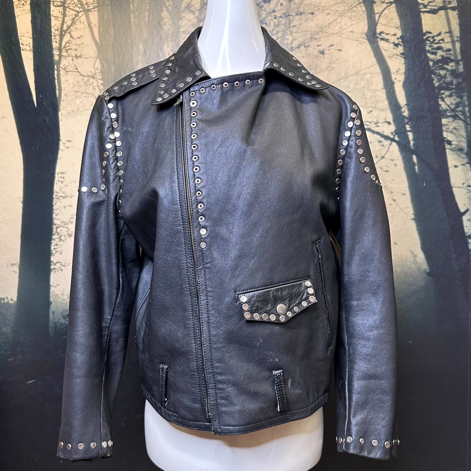 Vintage Leather Motorcycle Jacket 90s Black Studded Biker Punk Coat L/XL