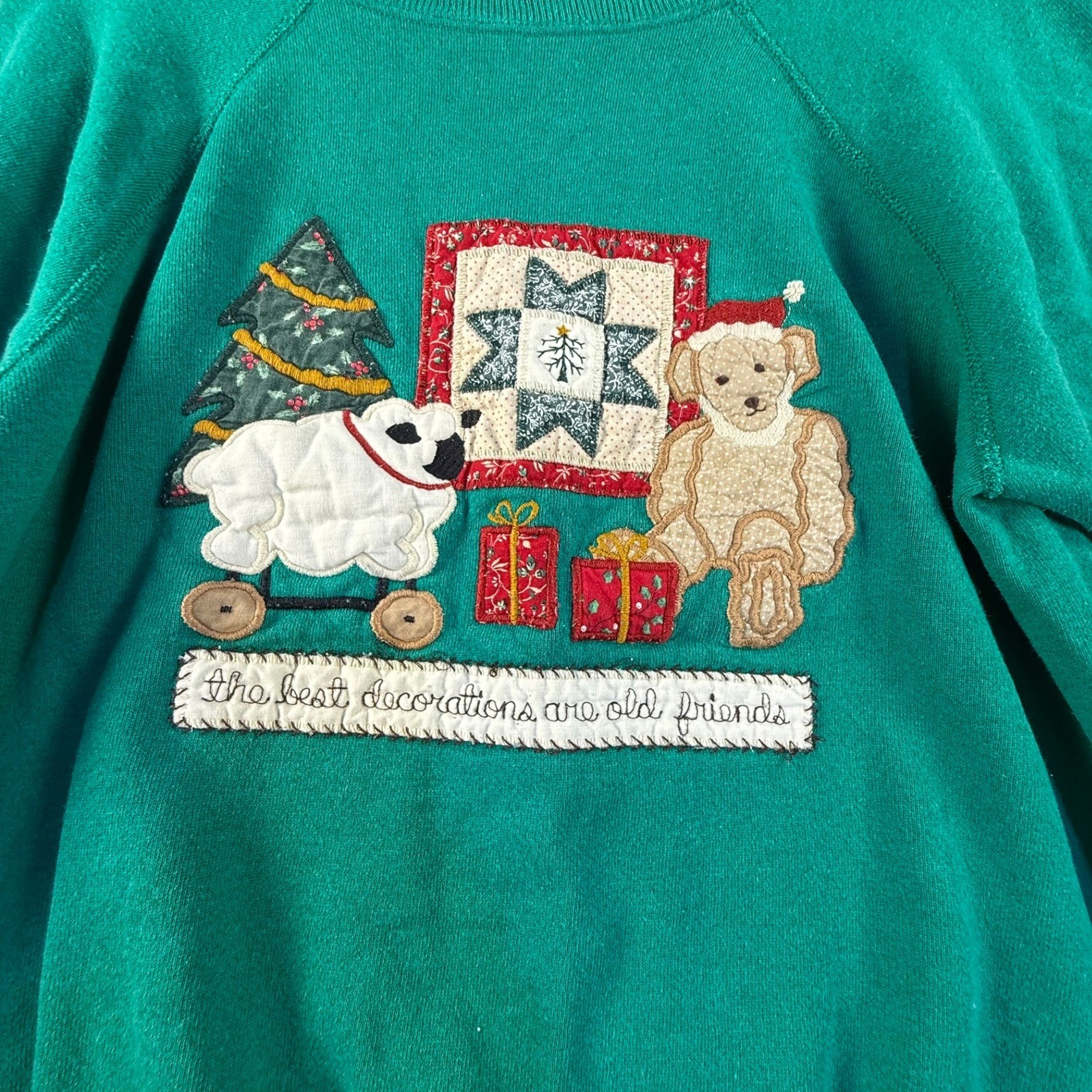 Vintage Pannill Hanes Christmas Sweatshirt Green Teddy Bear Polar Bear Large